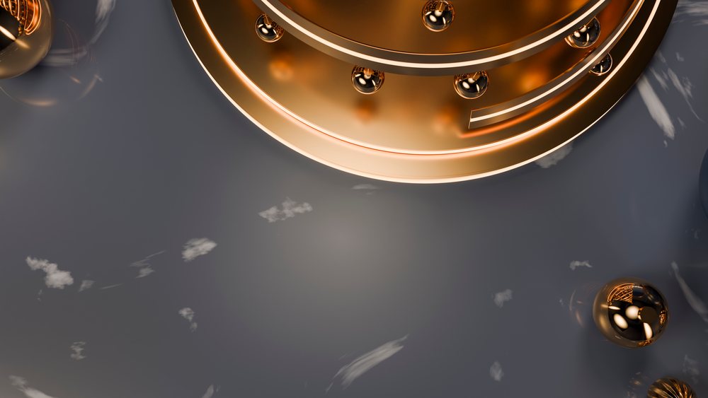 Gold metallic spheres and concentric rings abstract composition