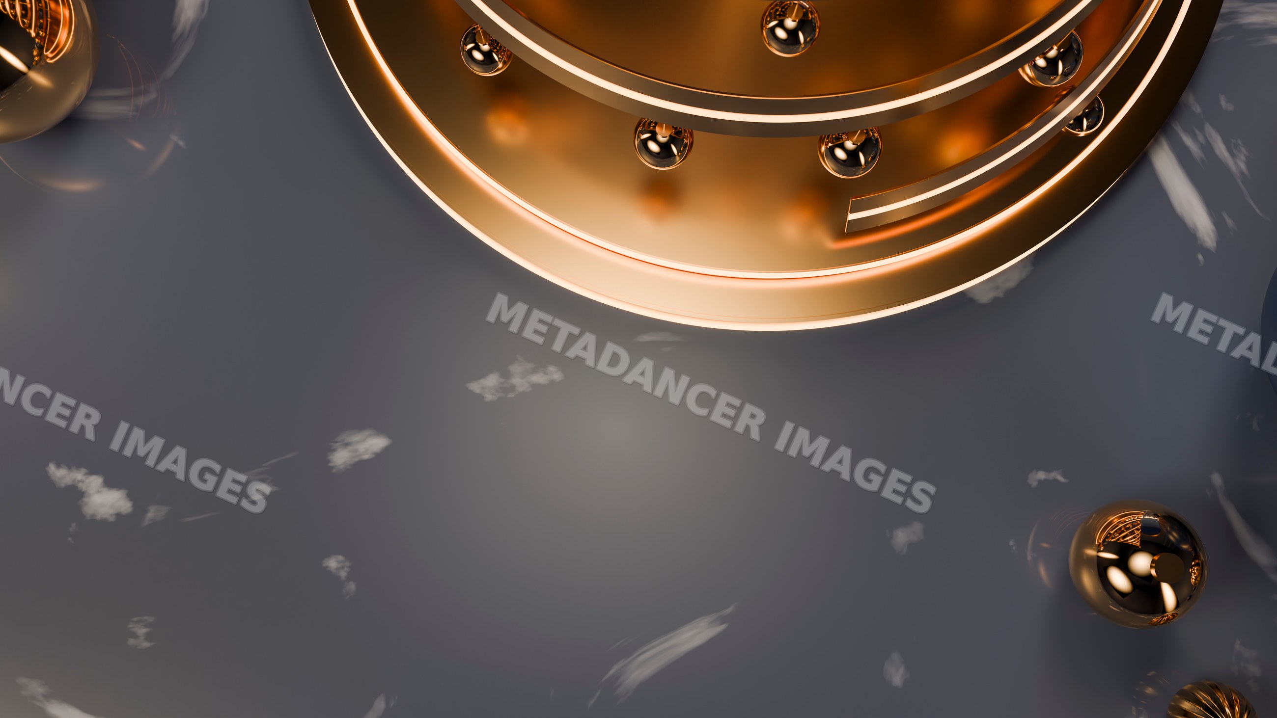 Gold metallic spheres and concentric rings abstract composition