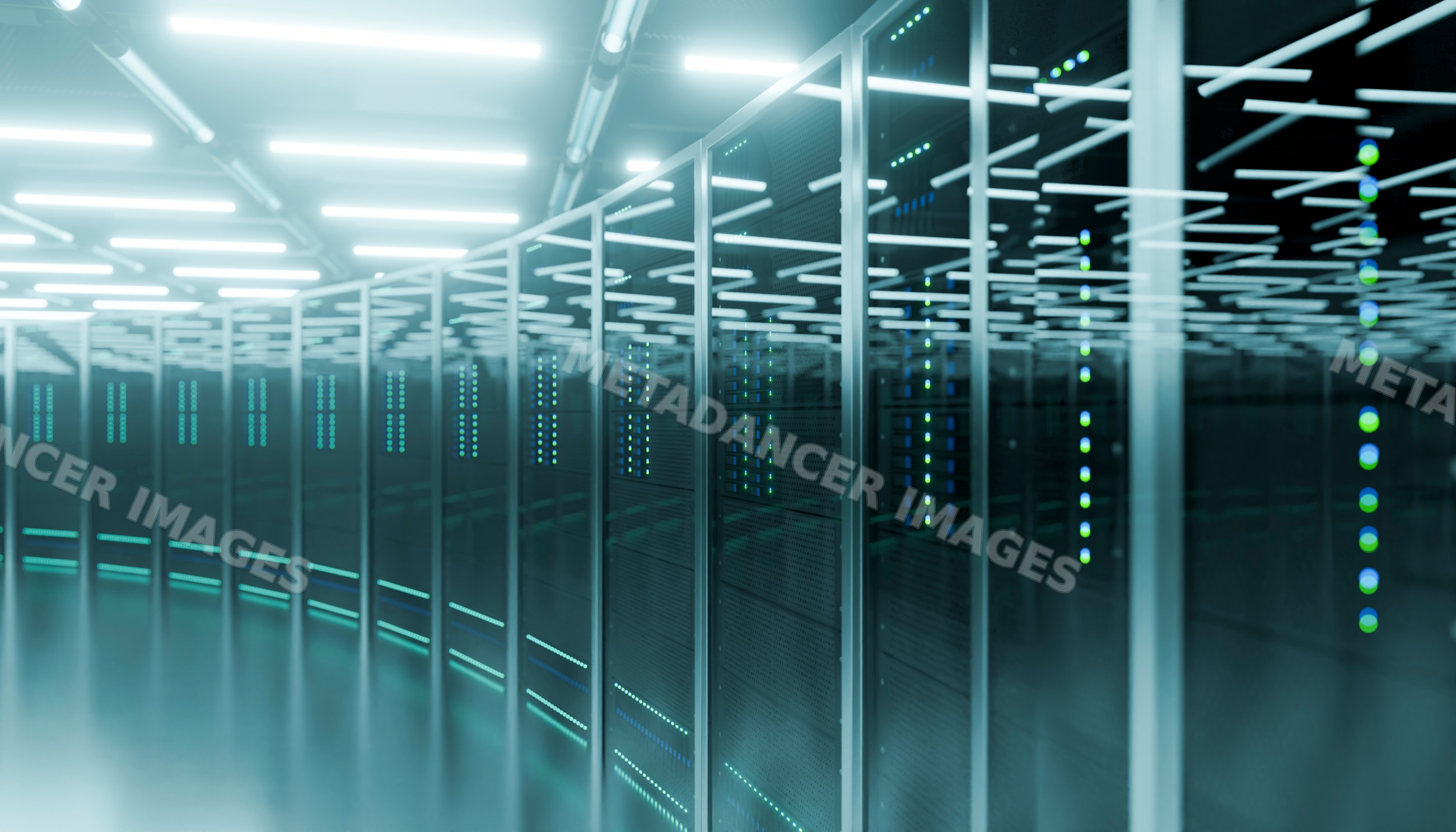 Data center with server racks and blue led technology lighting