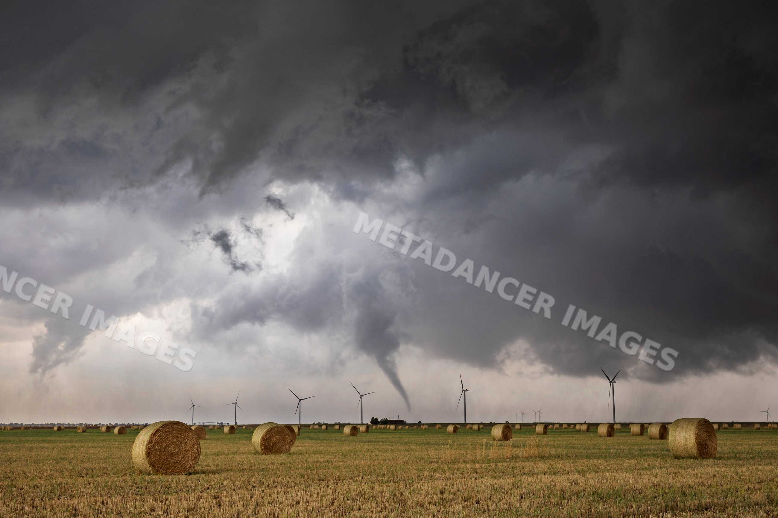 Tornado funnel cloud forming over rural field with wind turbines