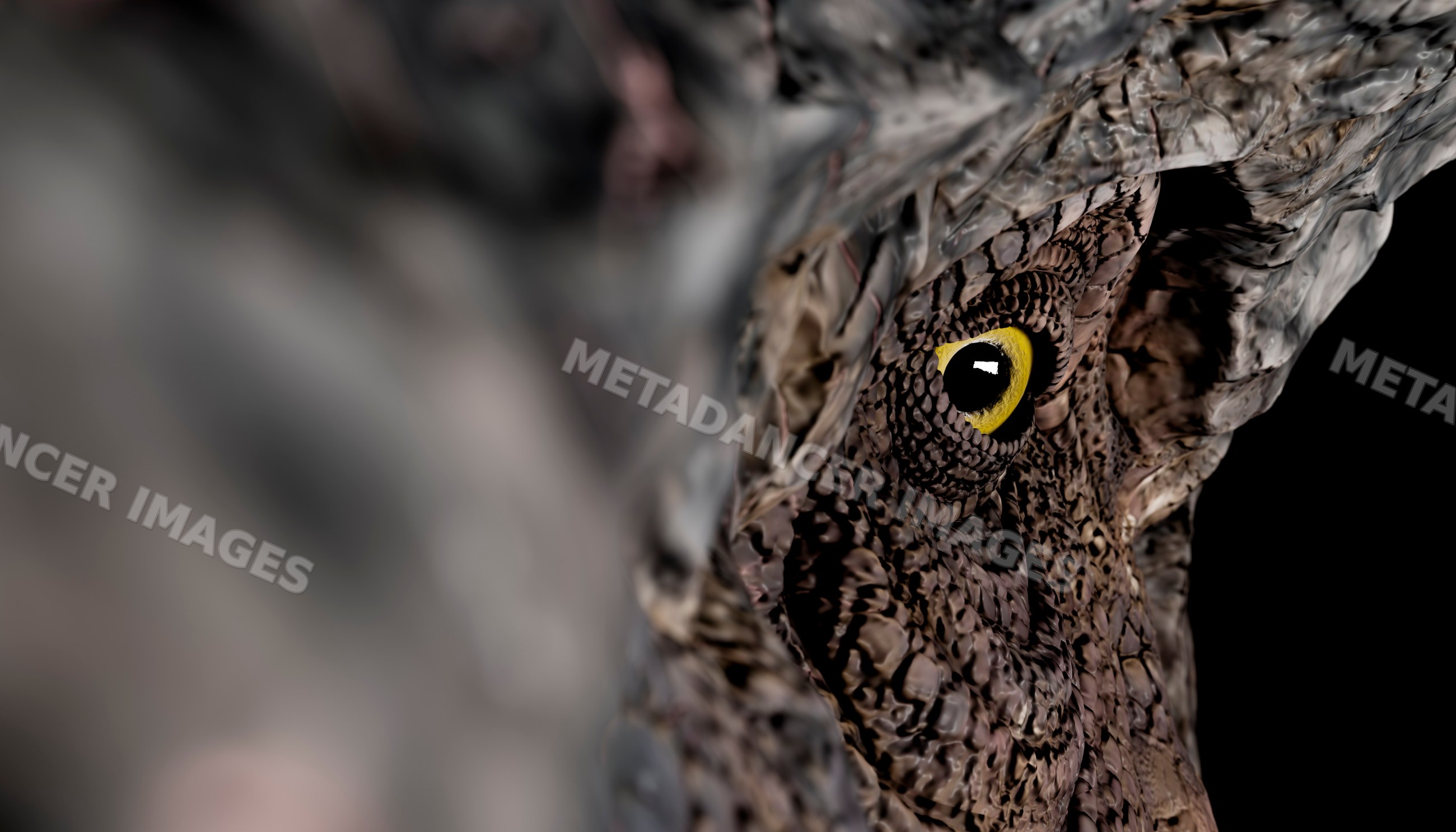 Close-up of a T-Rex eye with detailed skin texture and vivid yellow