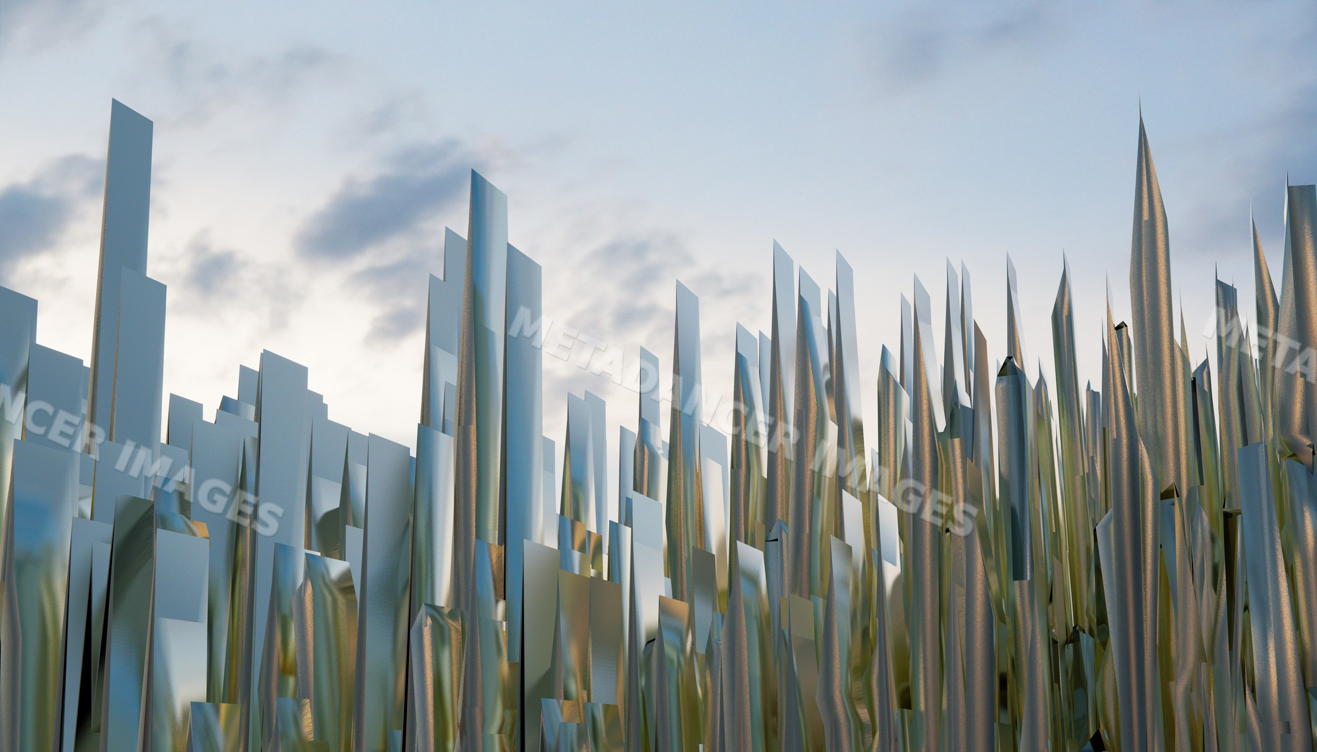 Sharp reflective metal spikes clustered outdoors against cloudy sky