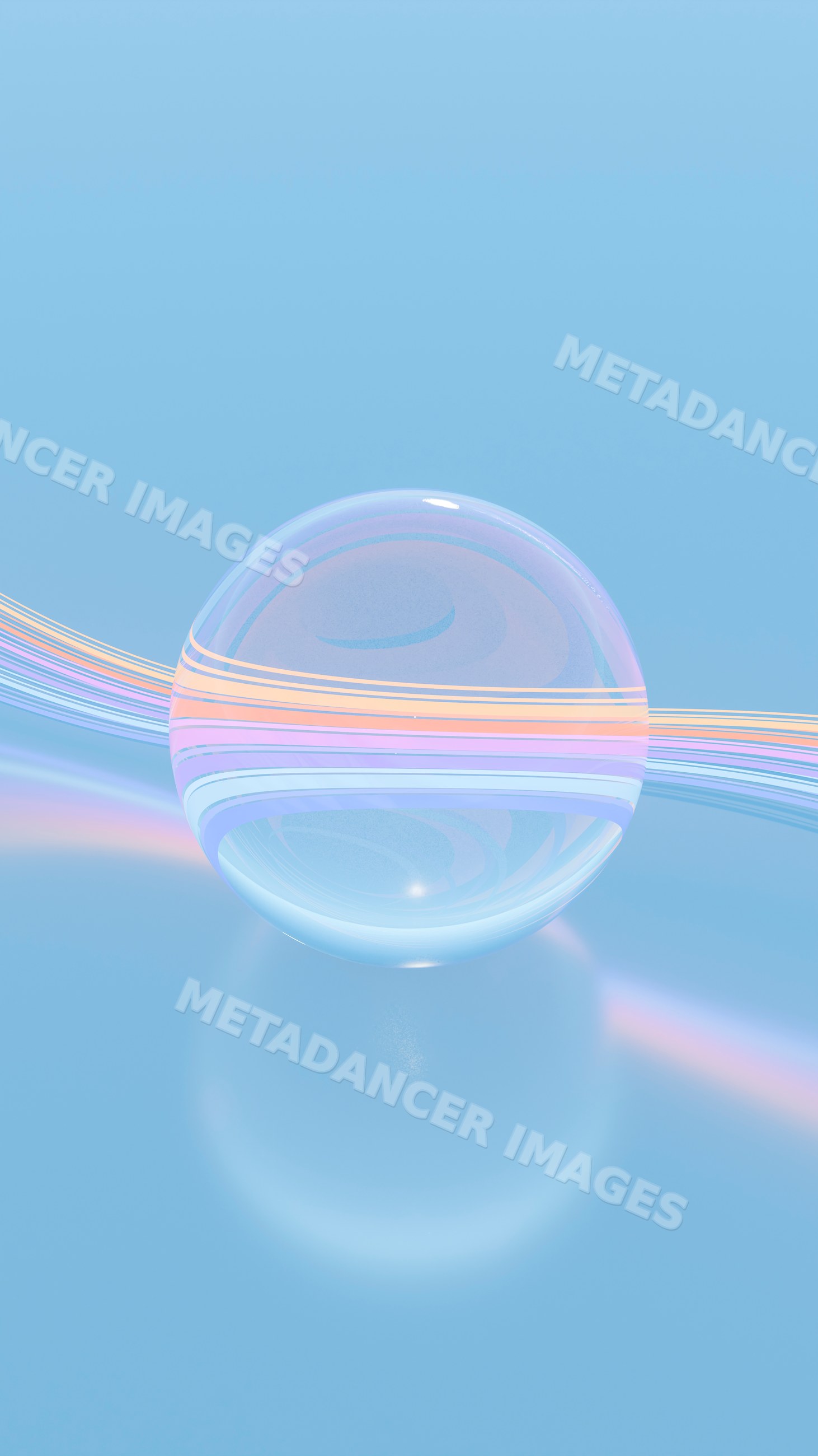 Floating transparent glass sphere with iridescent pastel stripes