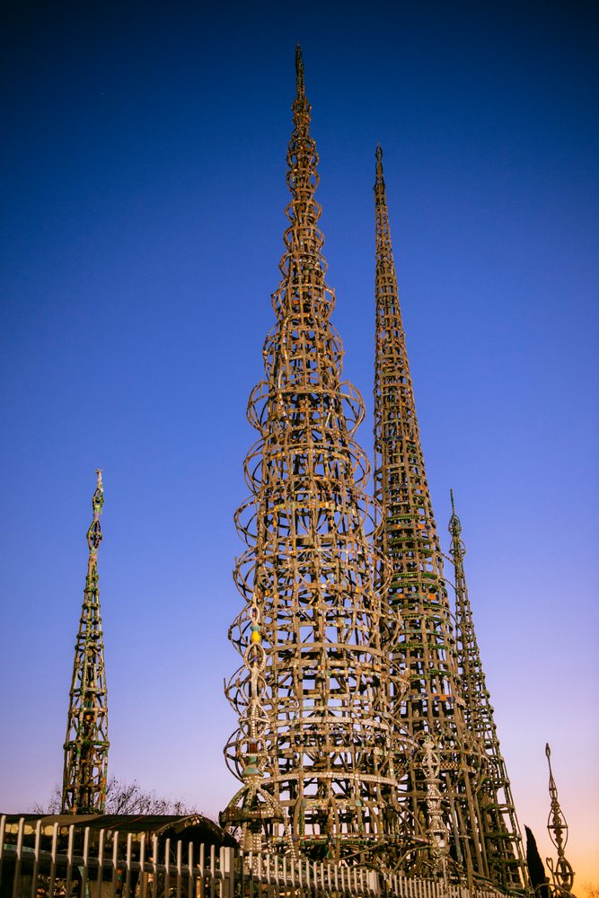 Watts towers metal sculptures at sunset in California, USA