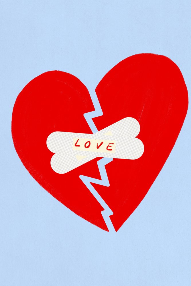 Illustration of a broken red heart patched with a bandage representing