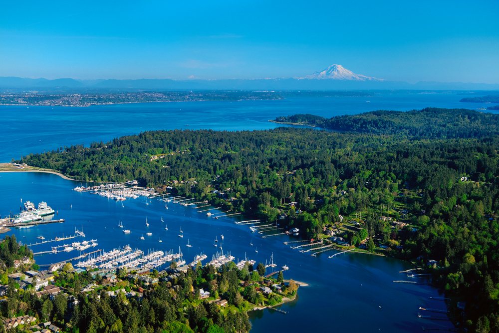 Aerial view of Bainbridge Island Eagle Harbor with boats and mount