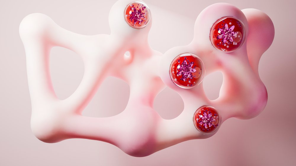 Abstract smooth pink 3d shape with decorative red spheres