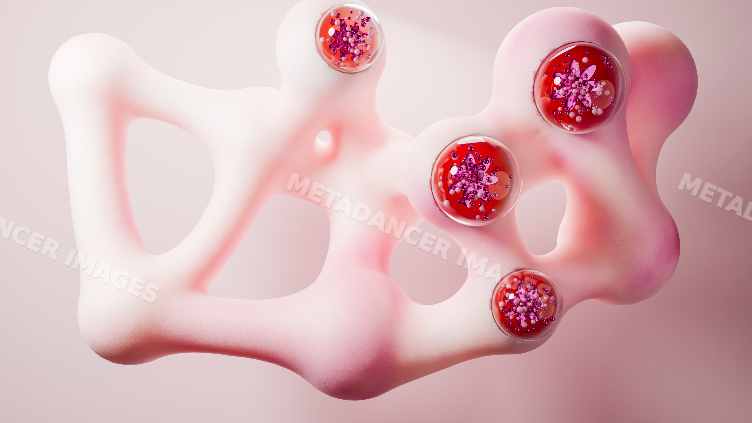 Abstract smooth pink 3d shape with decorative red spheres