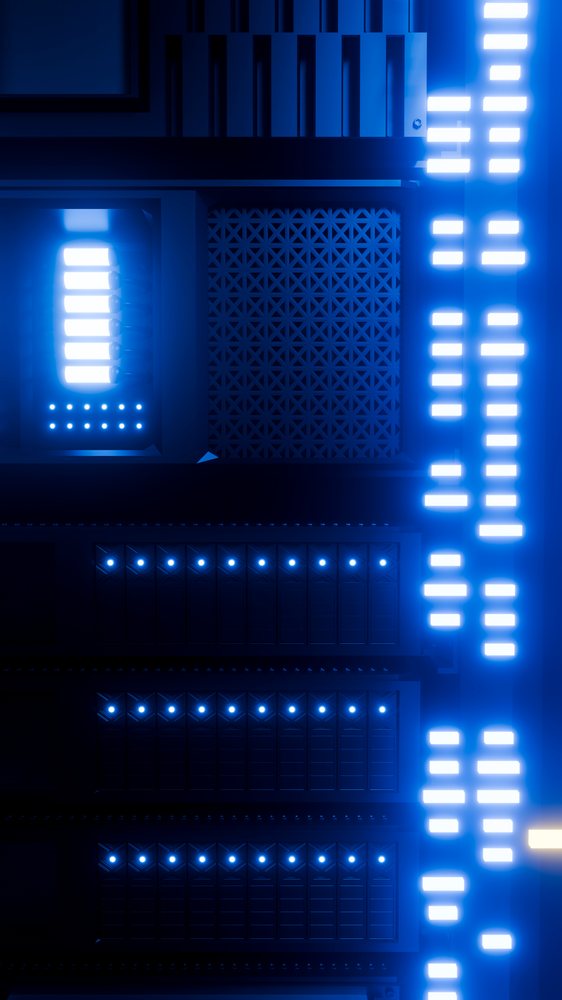 Server racks with blue illumination in a data center