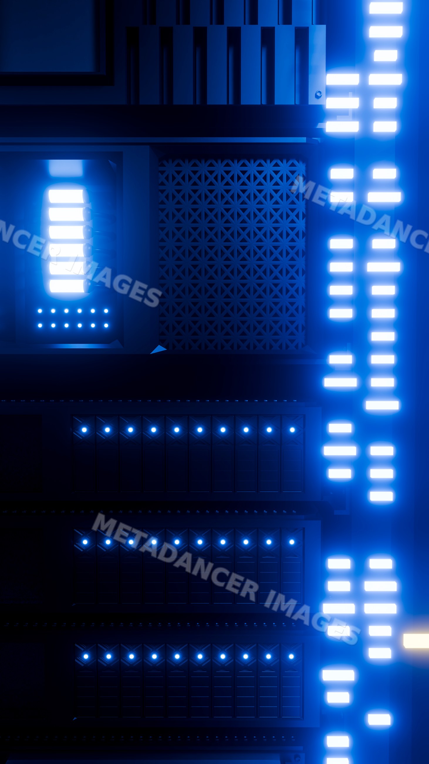 Server racks with blue illumination in a data center