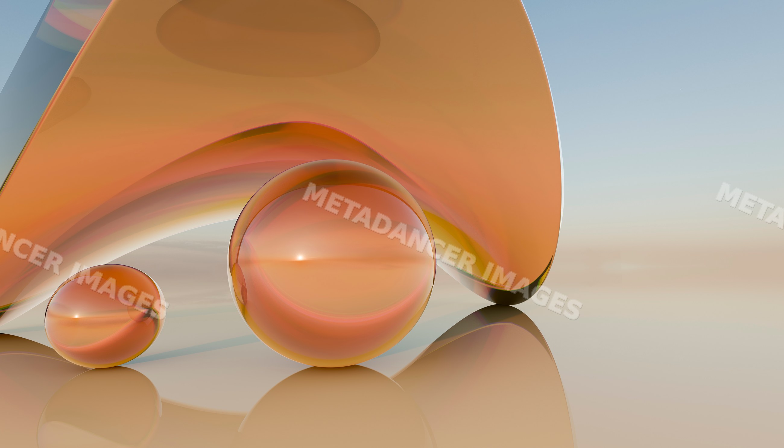 Two orange glass spheres next to a curved glass shape on a reflective