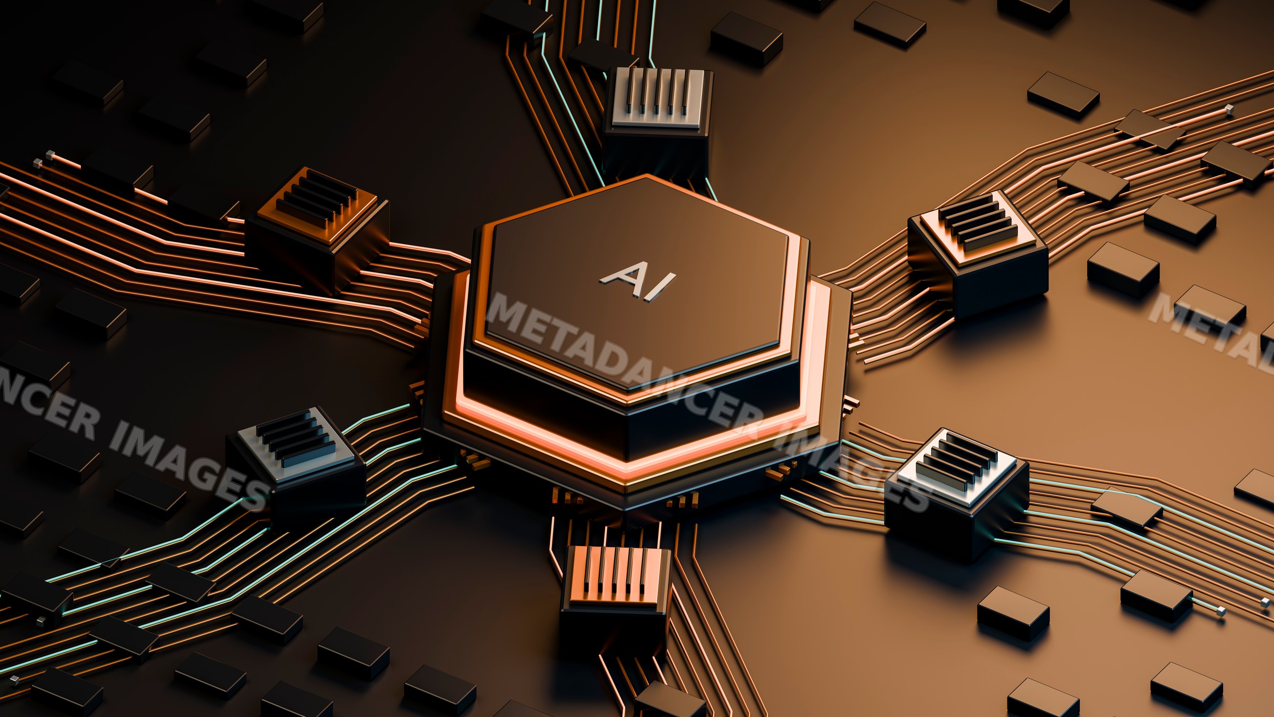 Close-up of ai microchip on circuit board with electronic connections