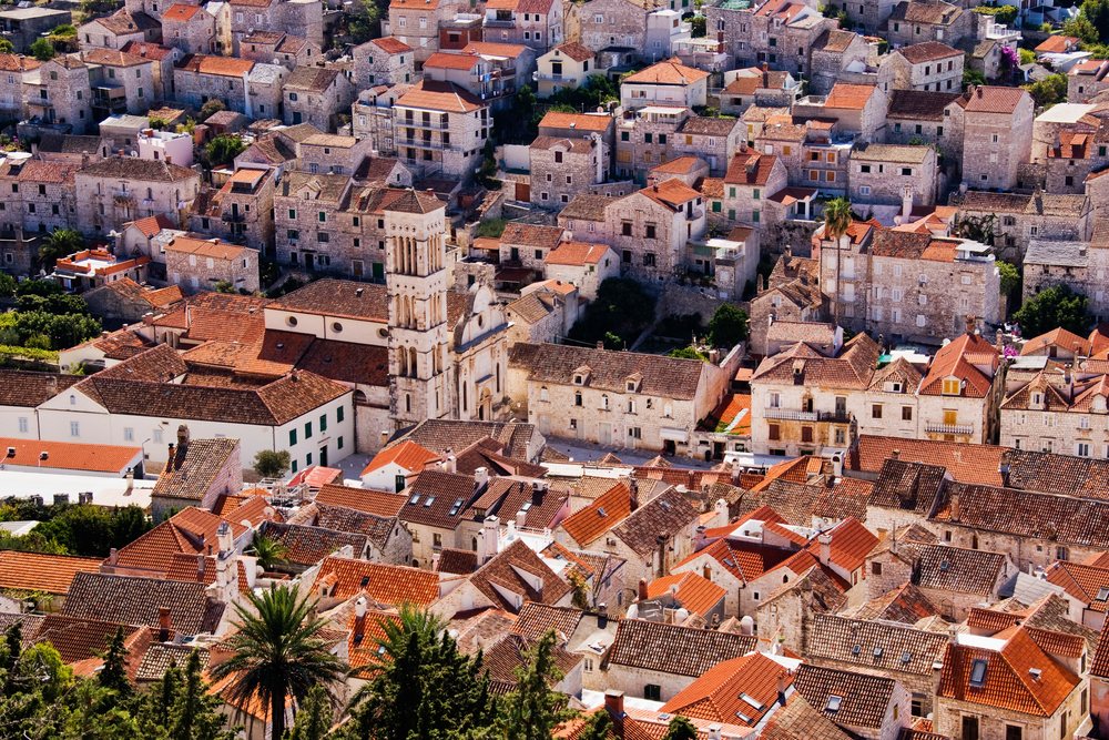 Town of hvar with historic stone buildings and church tower