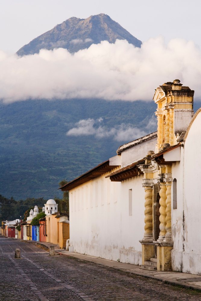 Agua volcano behind colonial street guatemala