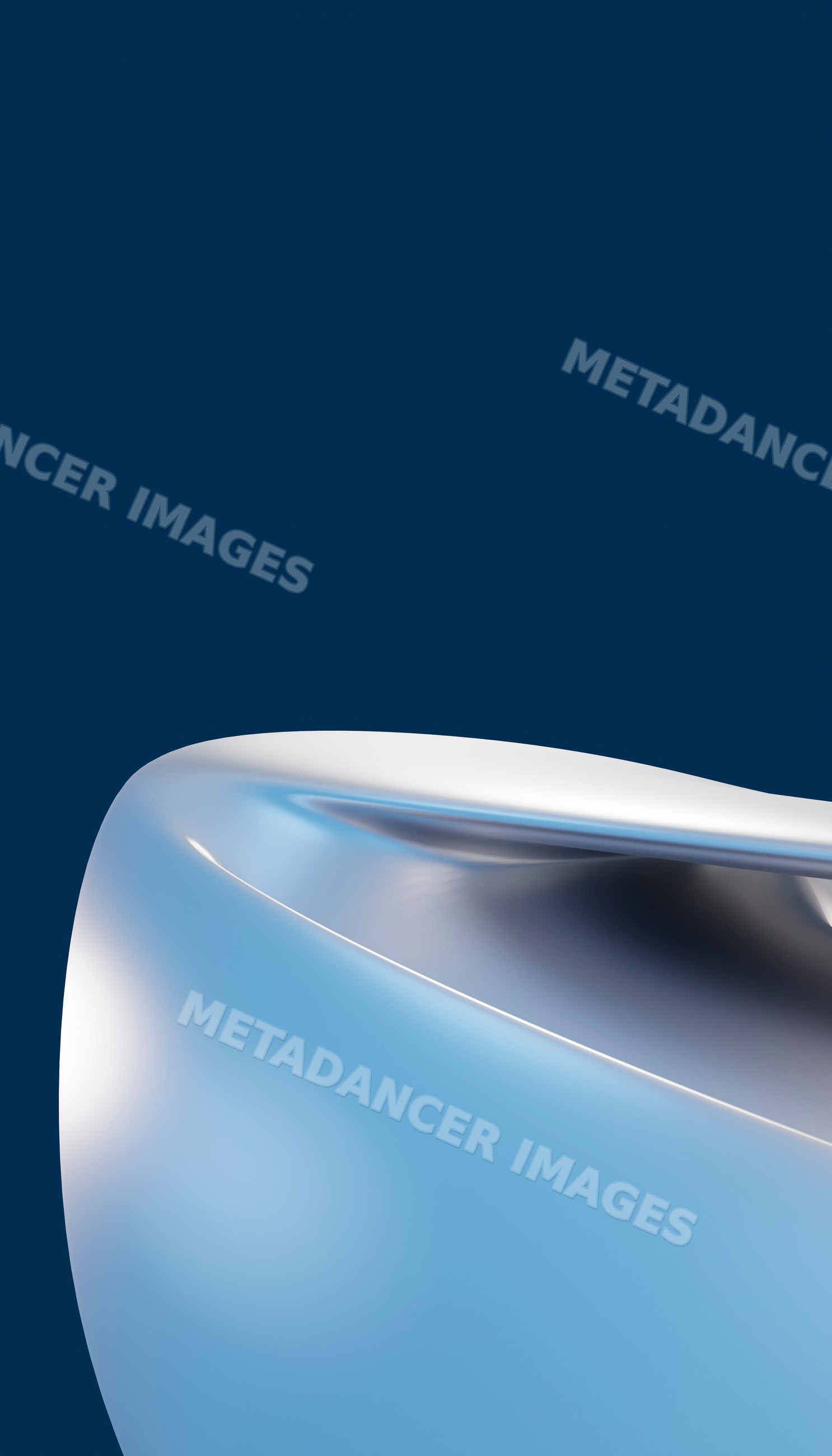 Abstract smooth metallic sculpture with curved surface on blue