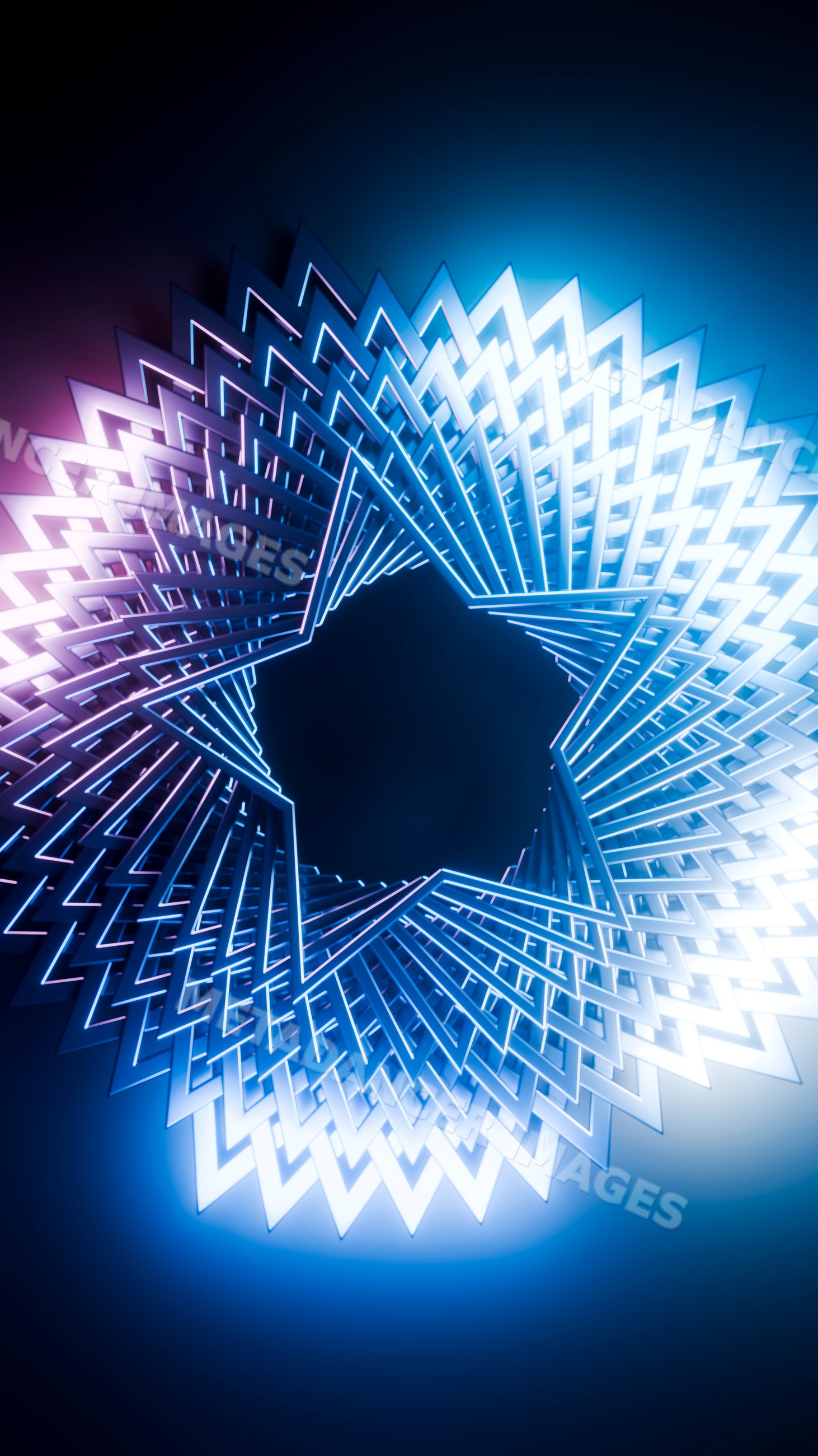Star-shaped glowing neon geometric pattern with blue and purple lights