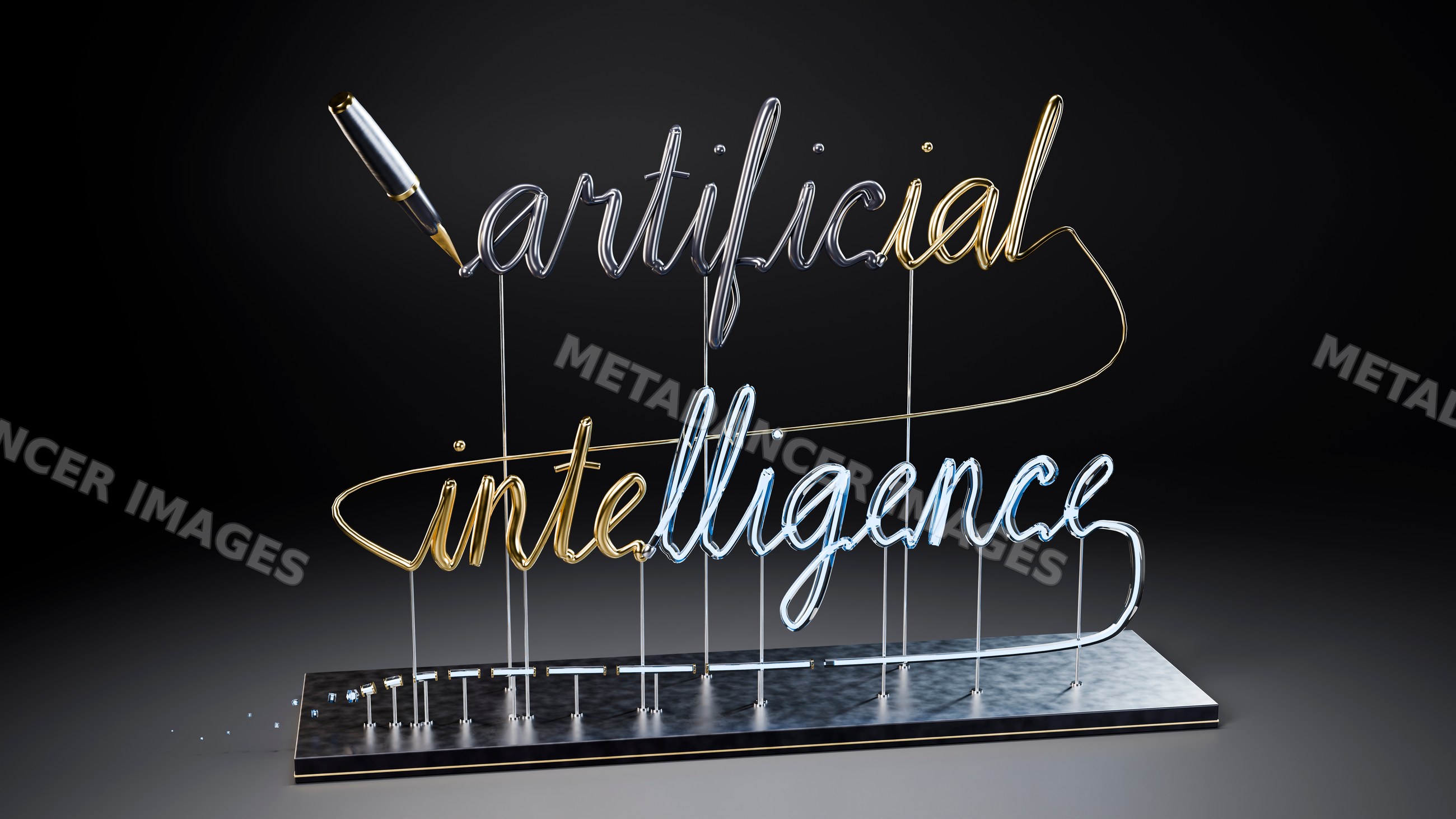 Metal wire sculpture spelling artificial intelligence with calligraphy