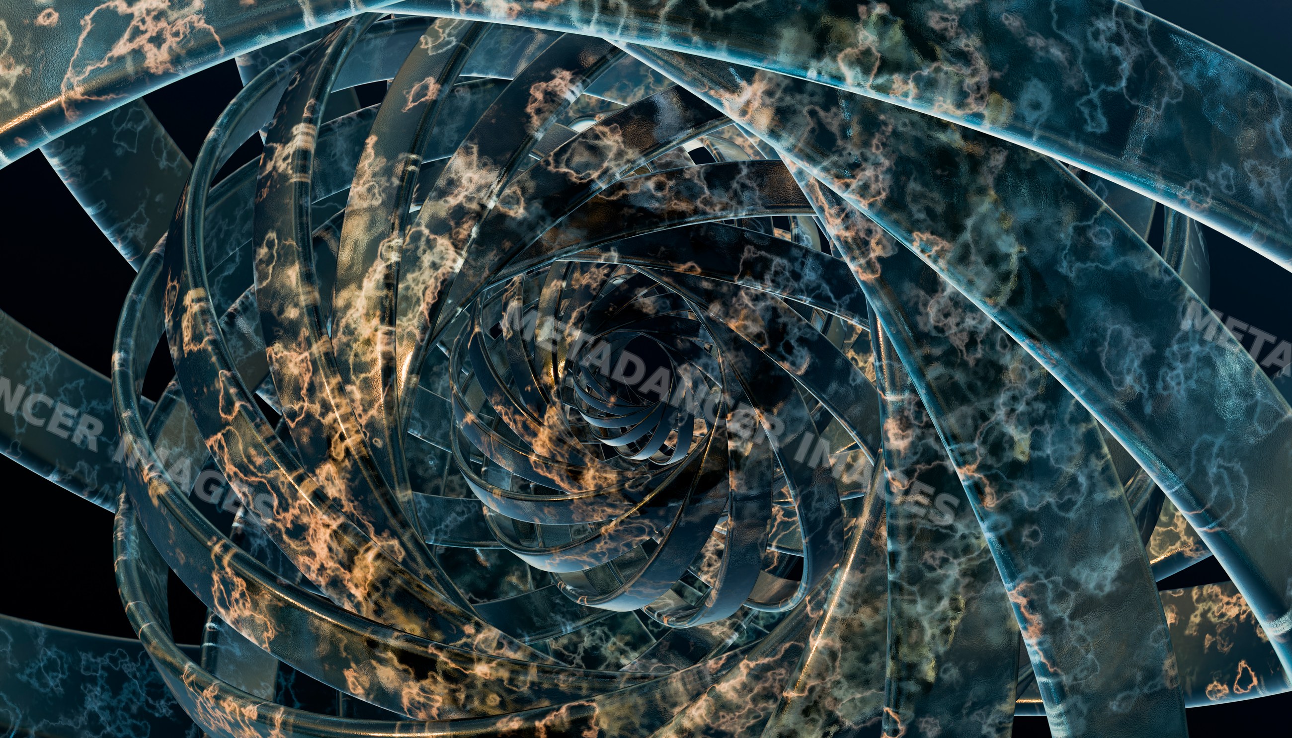 A 3d rendering of a spiraling metallic ribbon structure