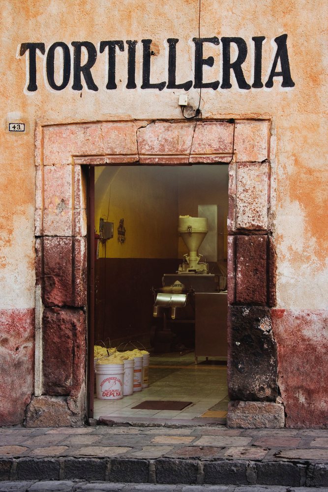 Tortilleria bakery with corn dough and milling machine mexico