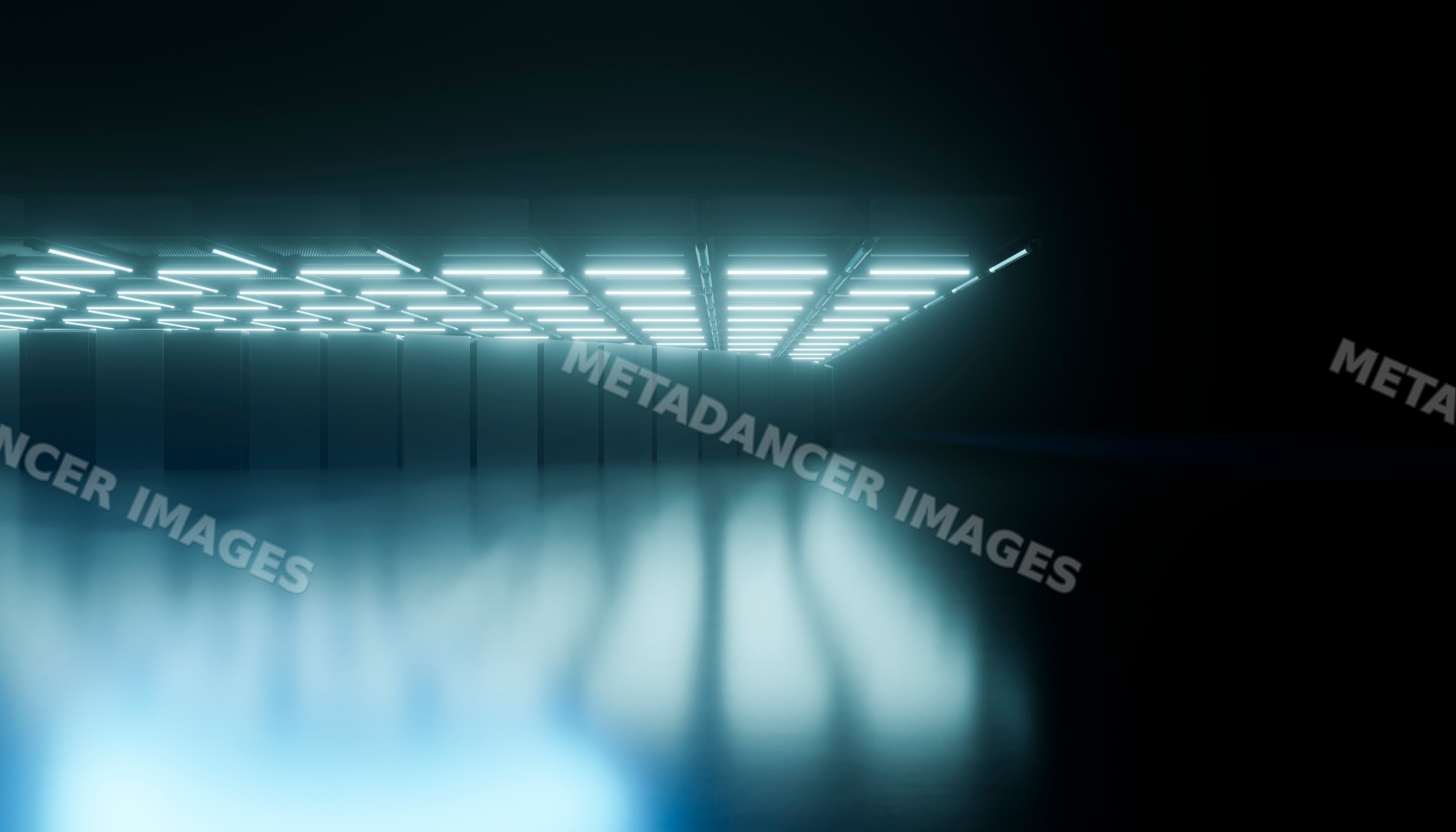 Data center with illuminated server racks and reflective floor