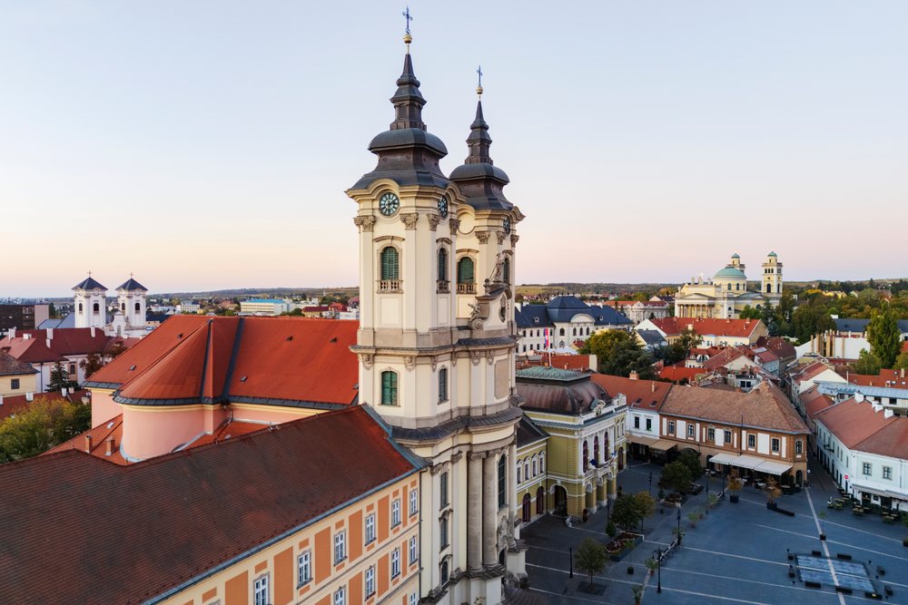 Minorite Church and Dobó Square at dawn in eger Hungary cityscape
