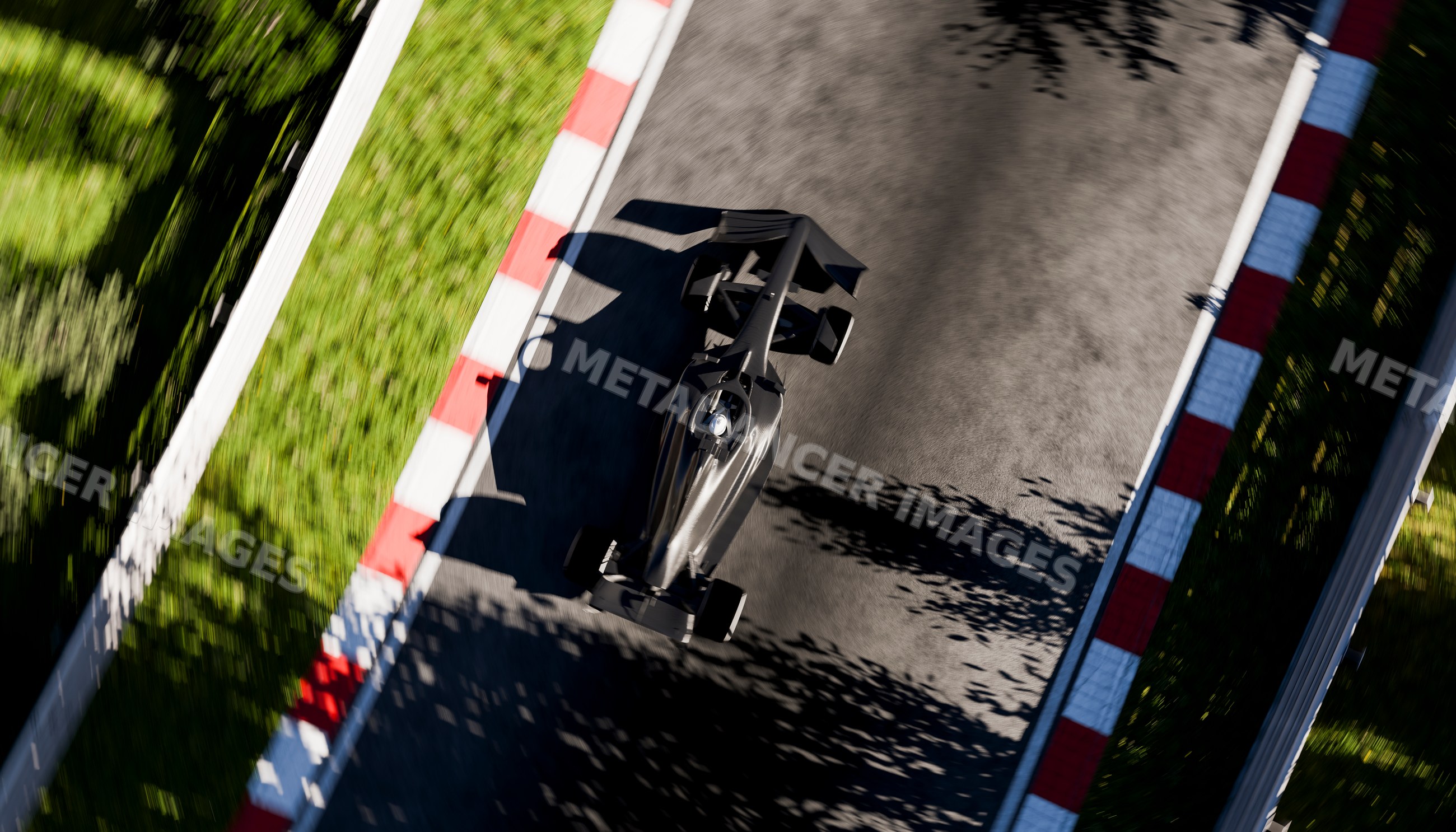 A black open-wheel race car racing on a curved asphalt track section