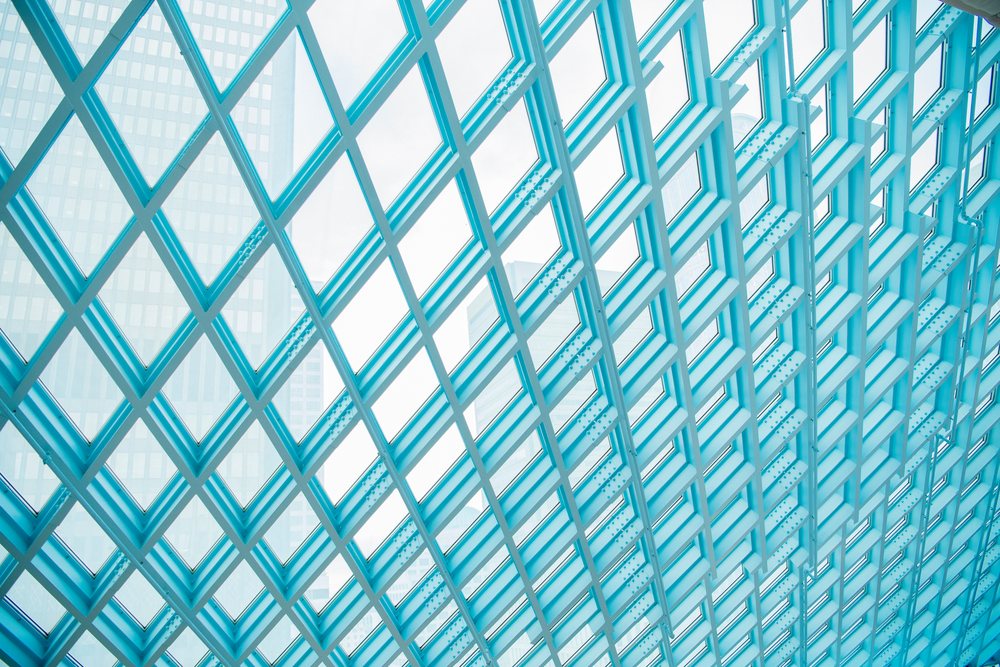 Glass ceiling and steel framework inside the Seattle public library
