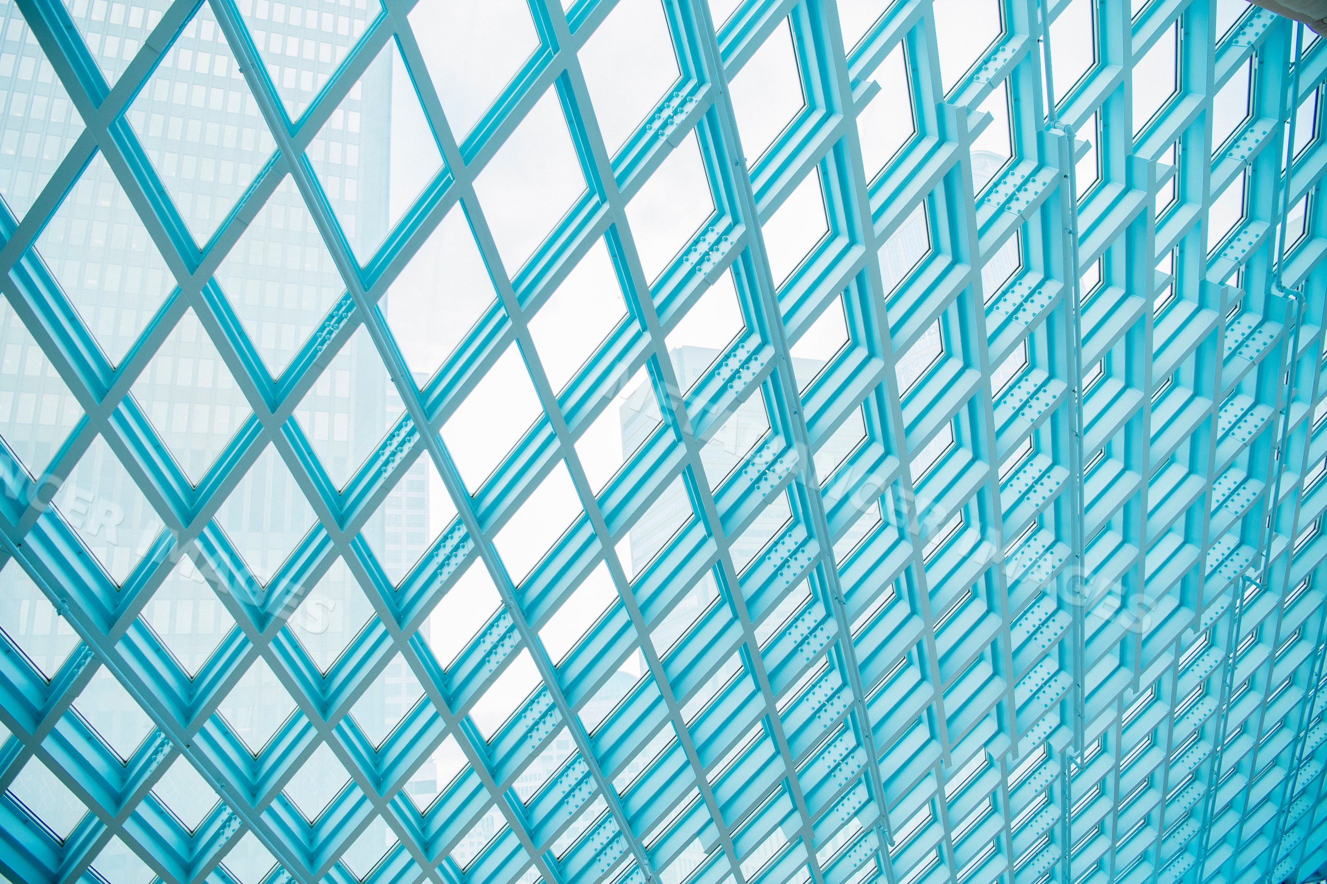Glass ceiling and steel framework inside the Seattle public library