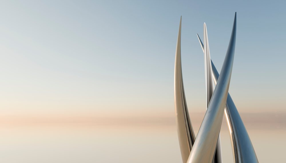 Digital rendering of a polished abstract metal sculpture at dawn