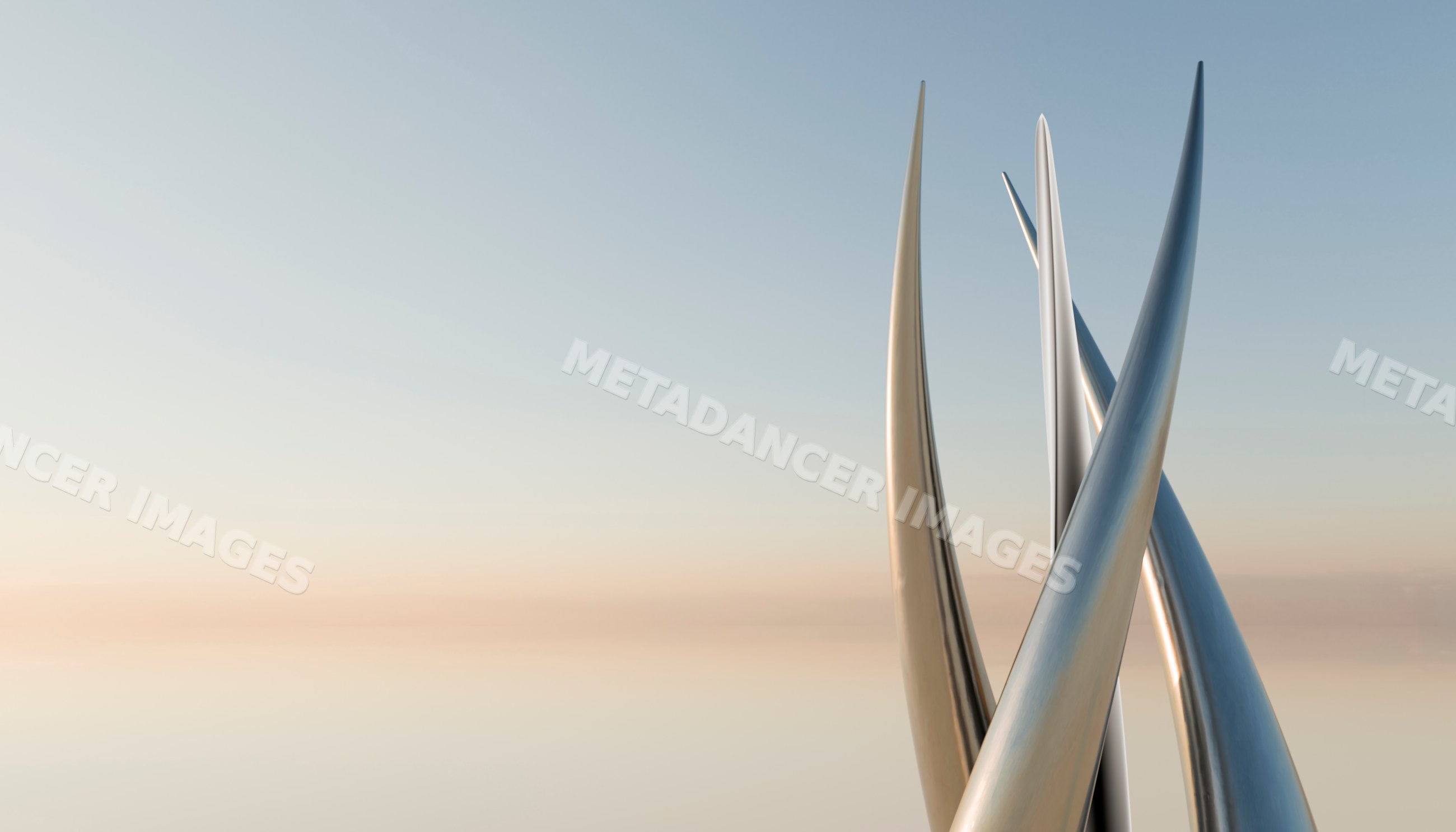 Digital rendering of a polished abstract metal sculpture at dawn