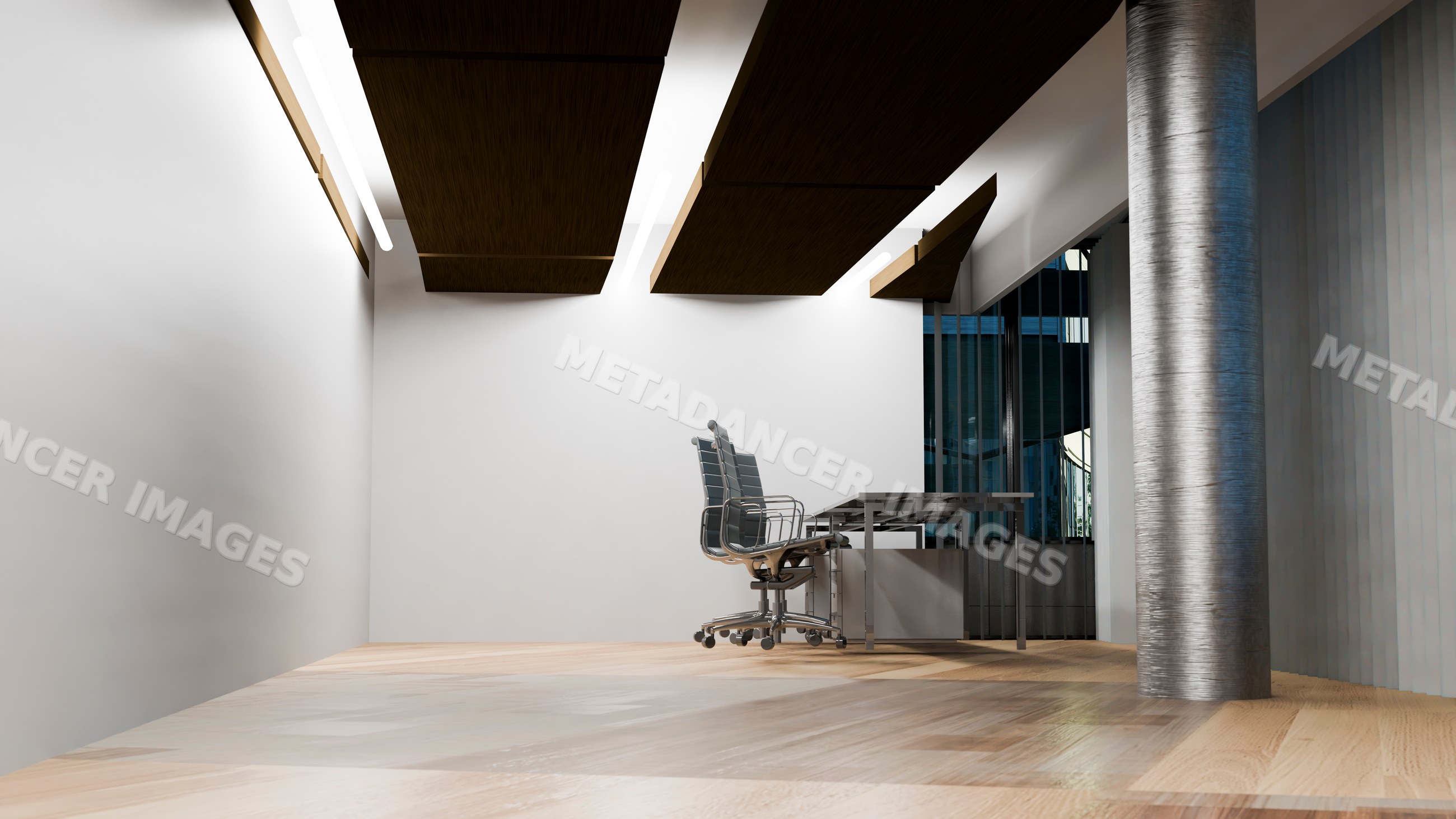 Modern minimalist office conference room with glass windows and wood