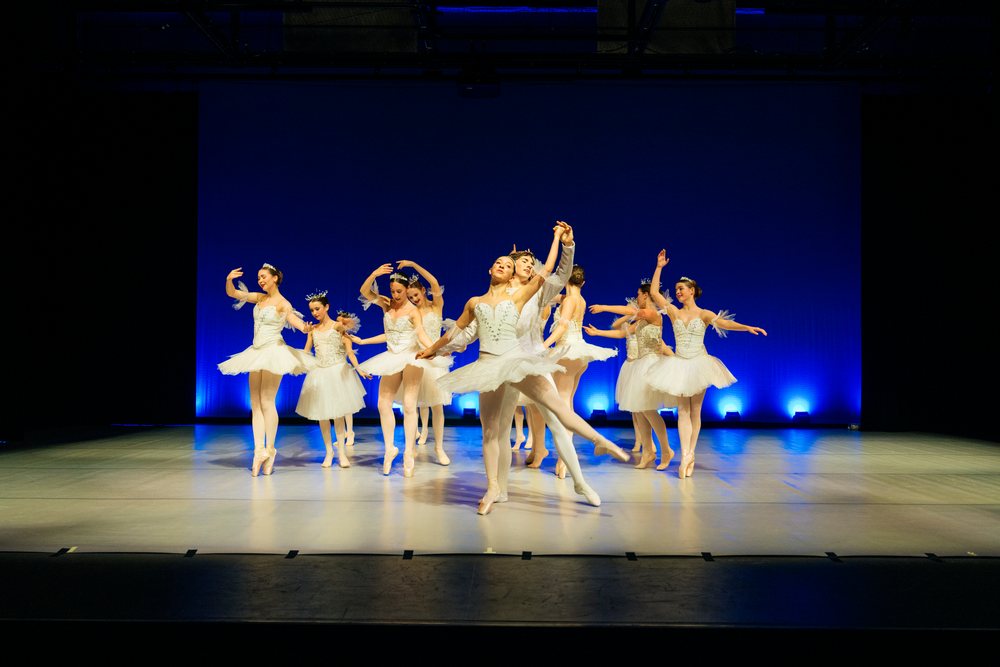 Ballet dancers perform a classical dance on stage