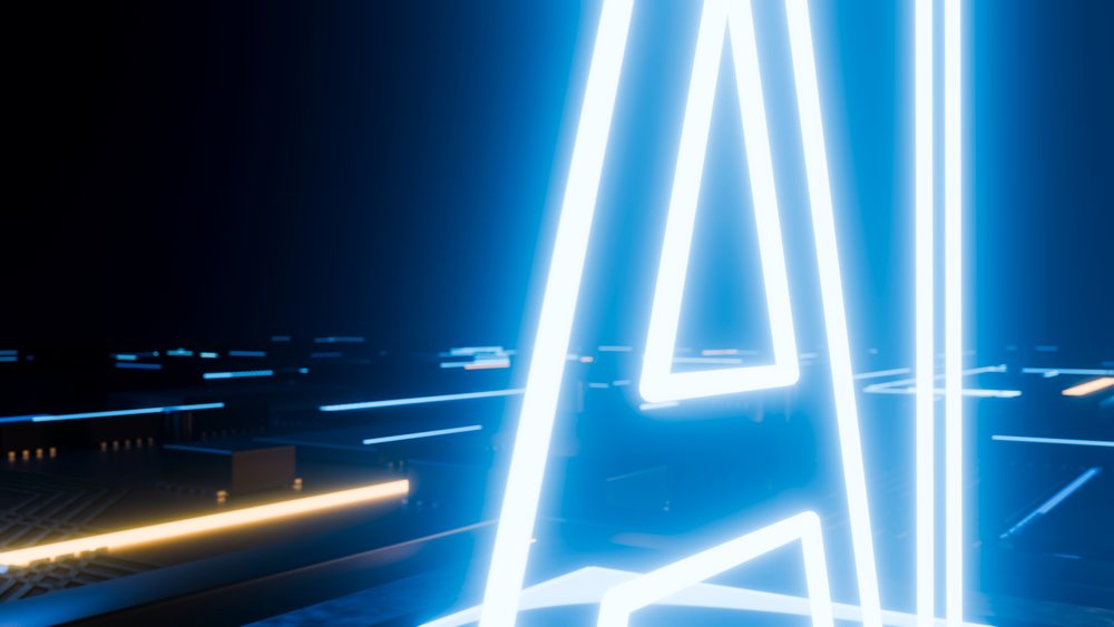 Glowing ai neon letters on futuristic electronic circuit board