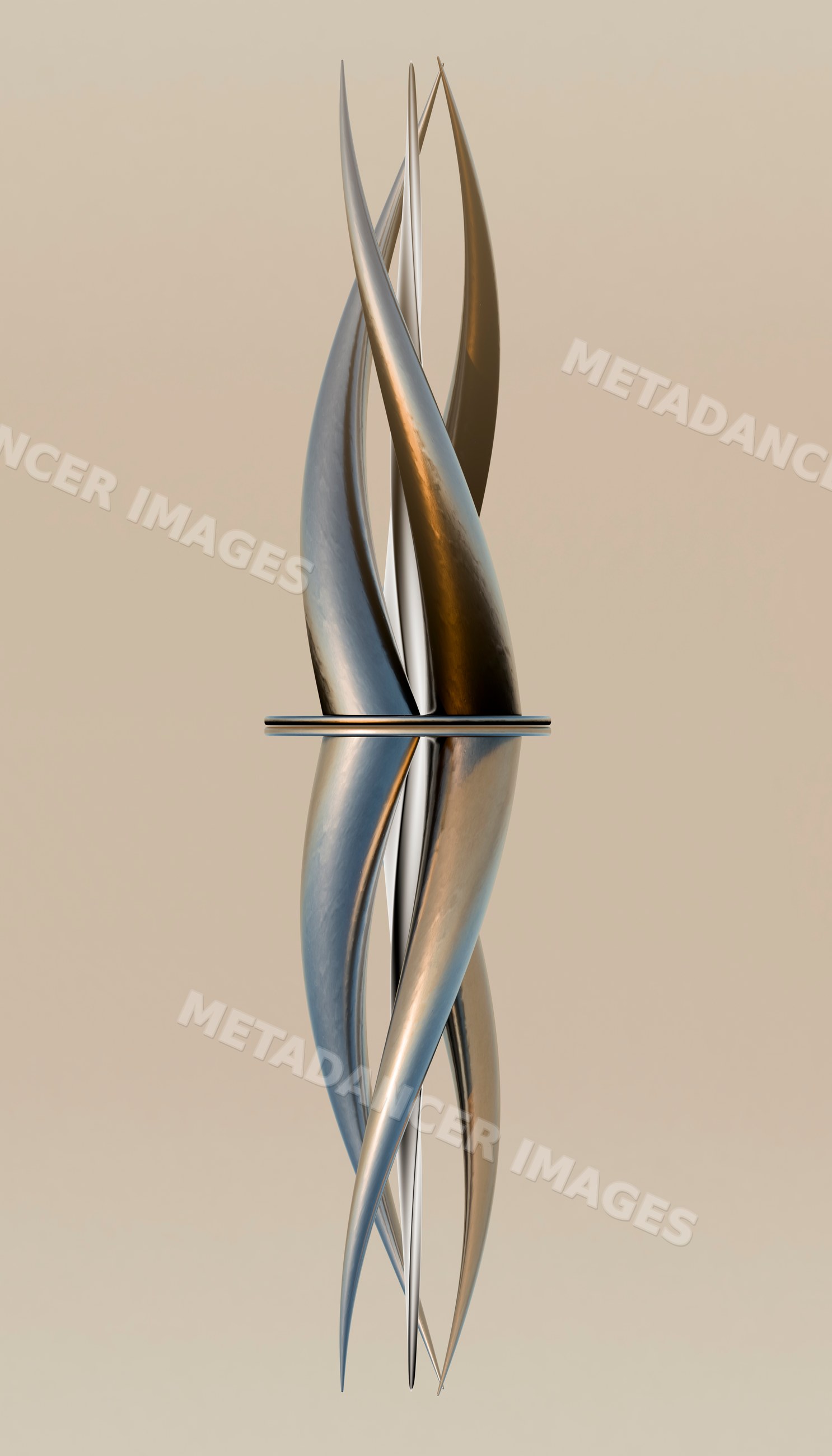 Abstract twisted metal sculpture with reflective surfaces on neutral