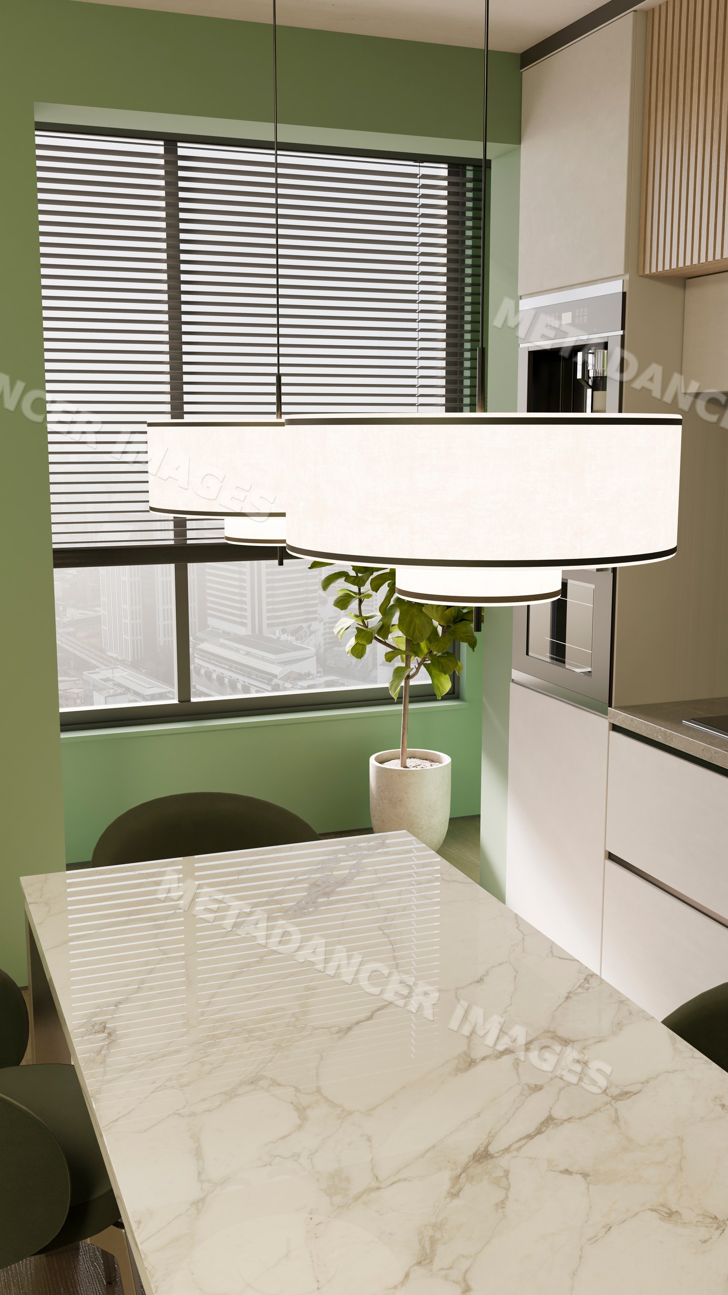 Modern kitchen with marble table and potted plant by window
