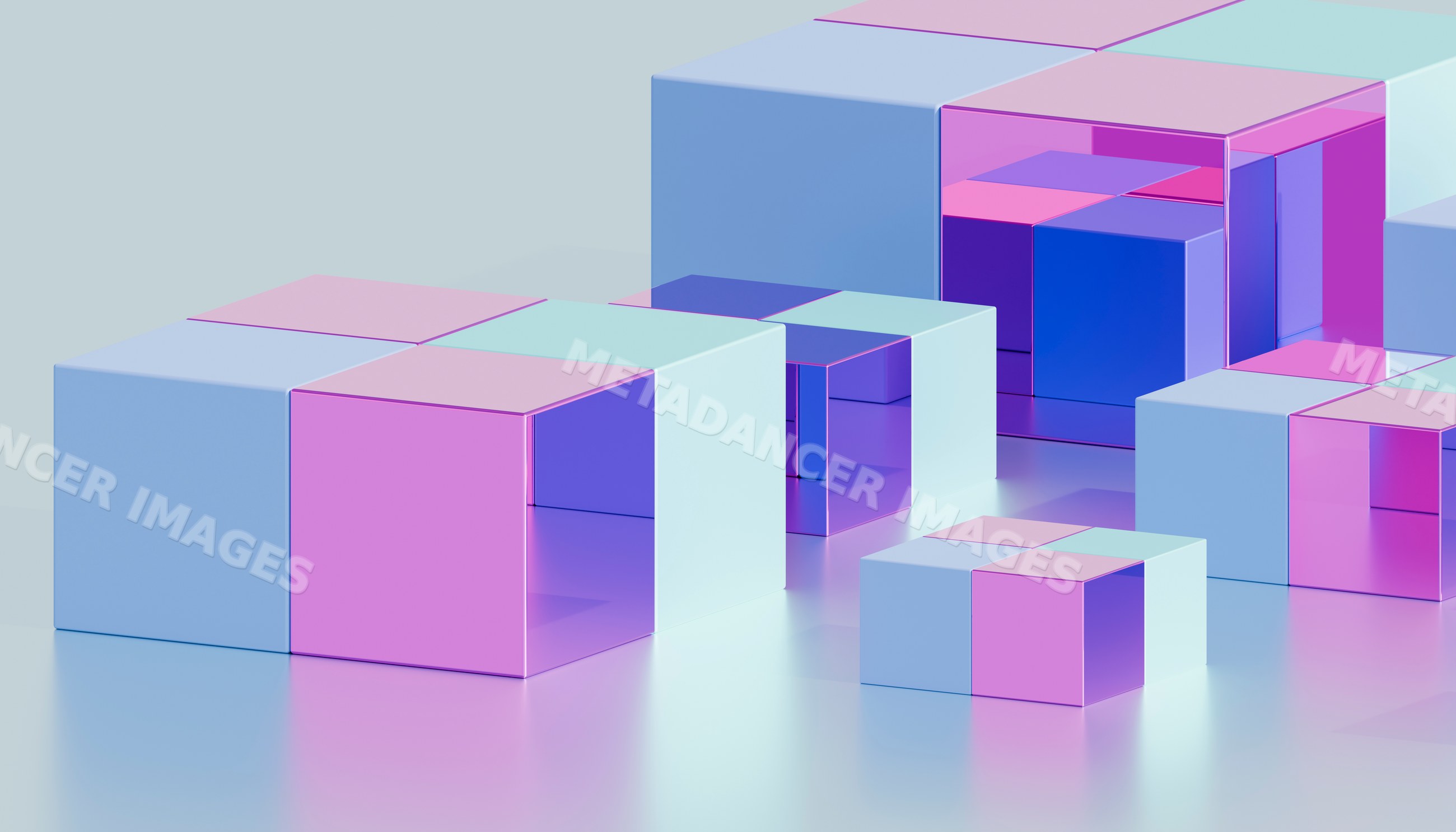 Colorful abstract 3d cubes arranged on a reflective surface