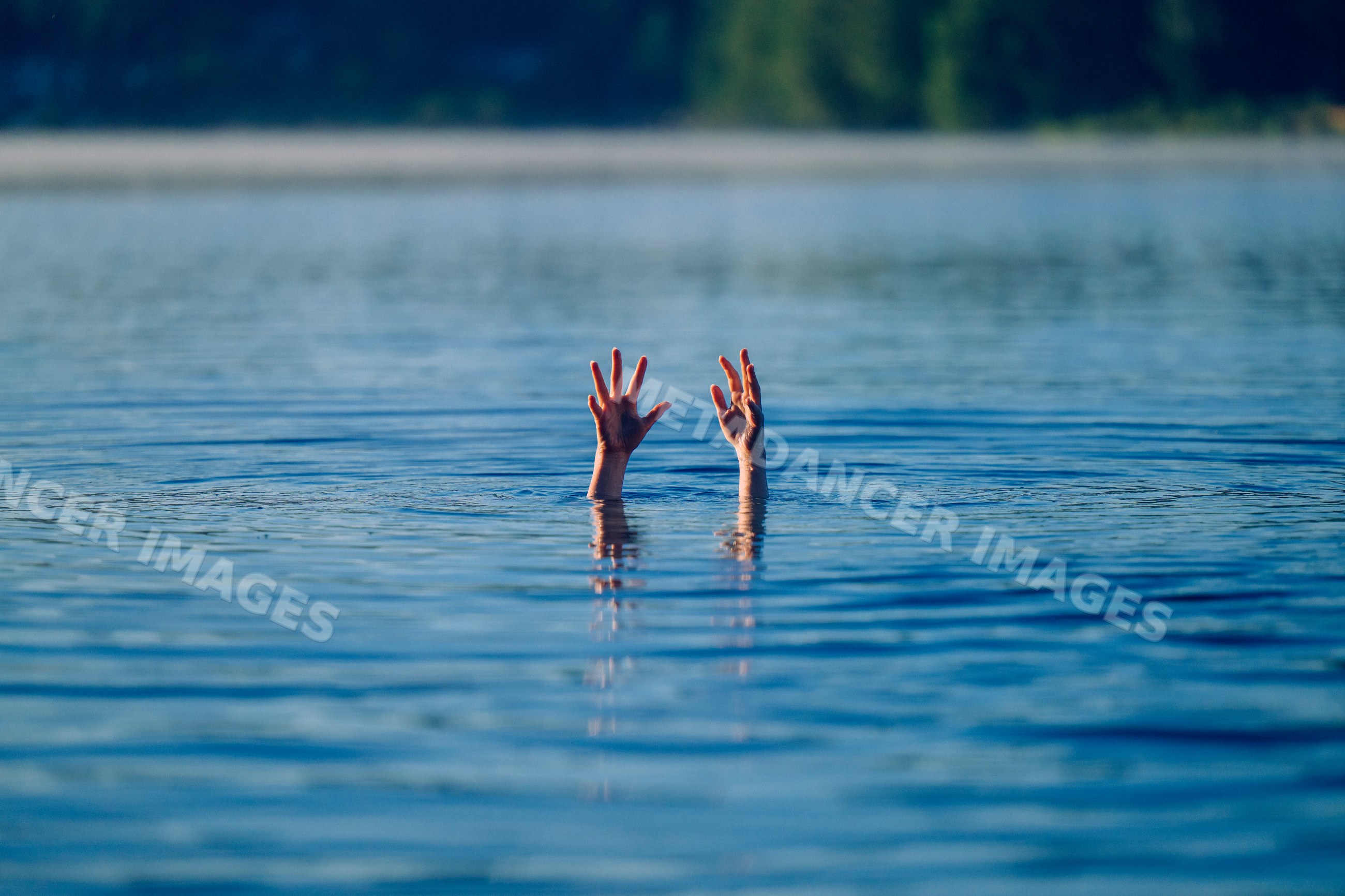 Hands reaching out of lake water surface