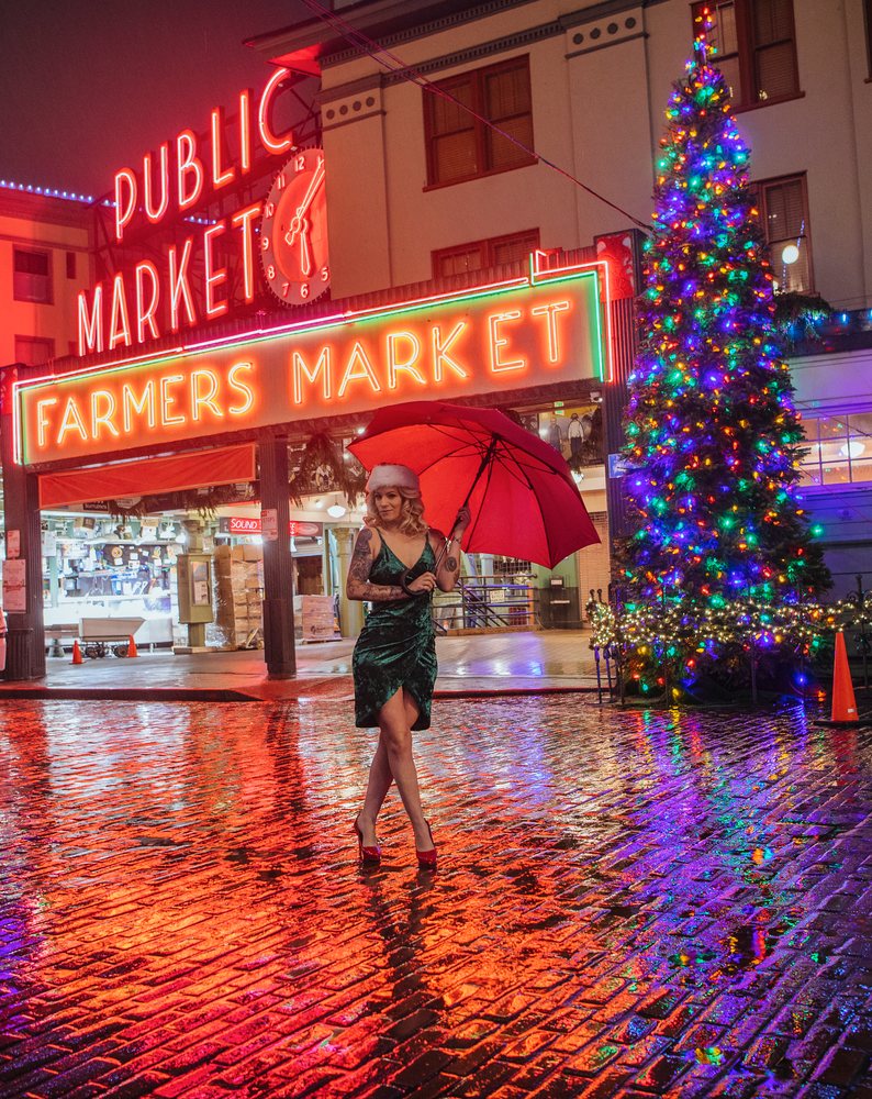 White woman with red umbrella