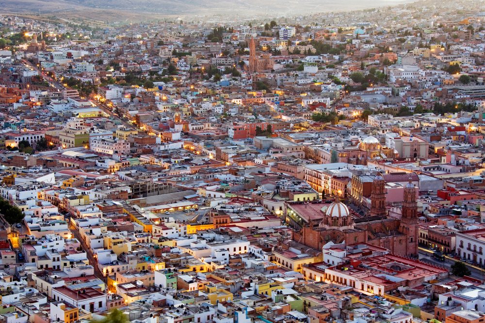 Zacatecas cityscape with evening lights and historic architecture