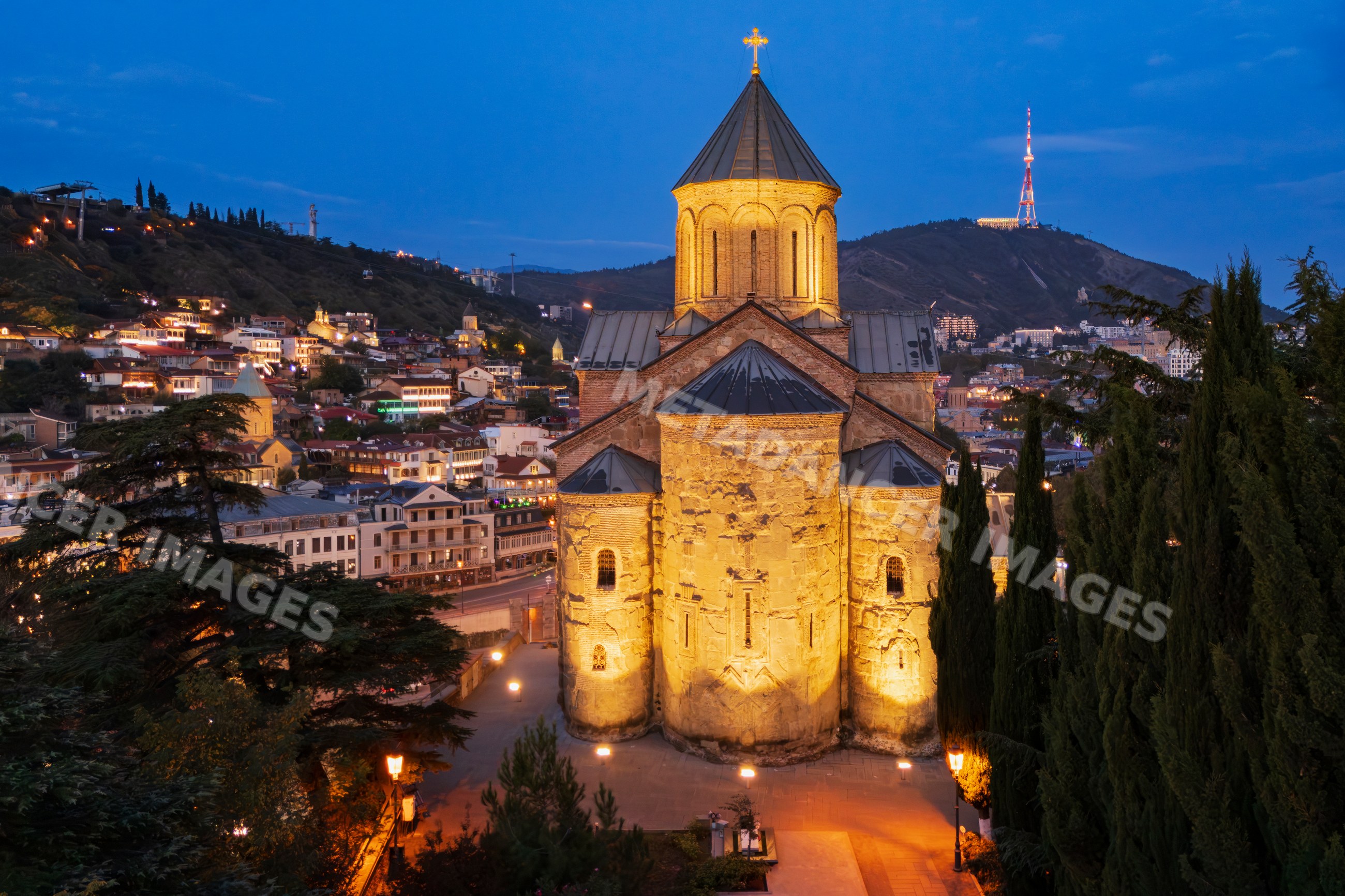 Metekhi Church illuminated at night in tbilisi, Georgia