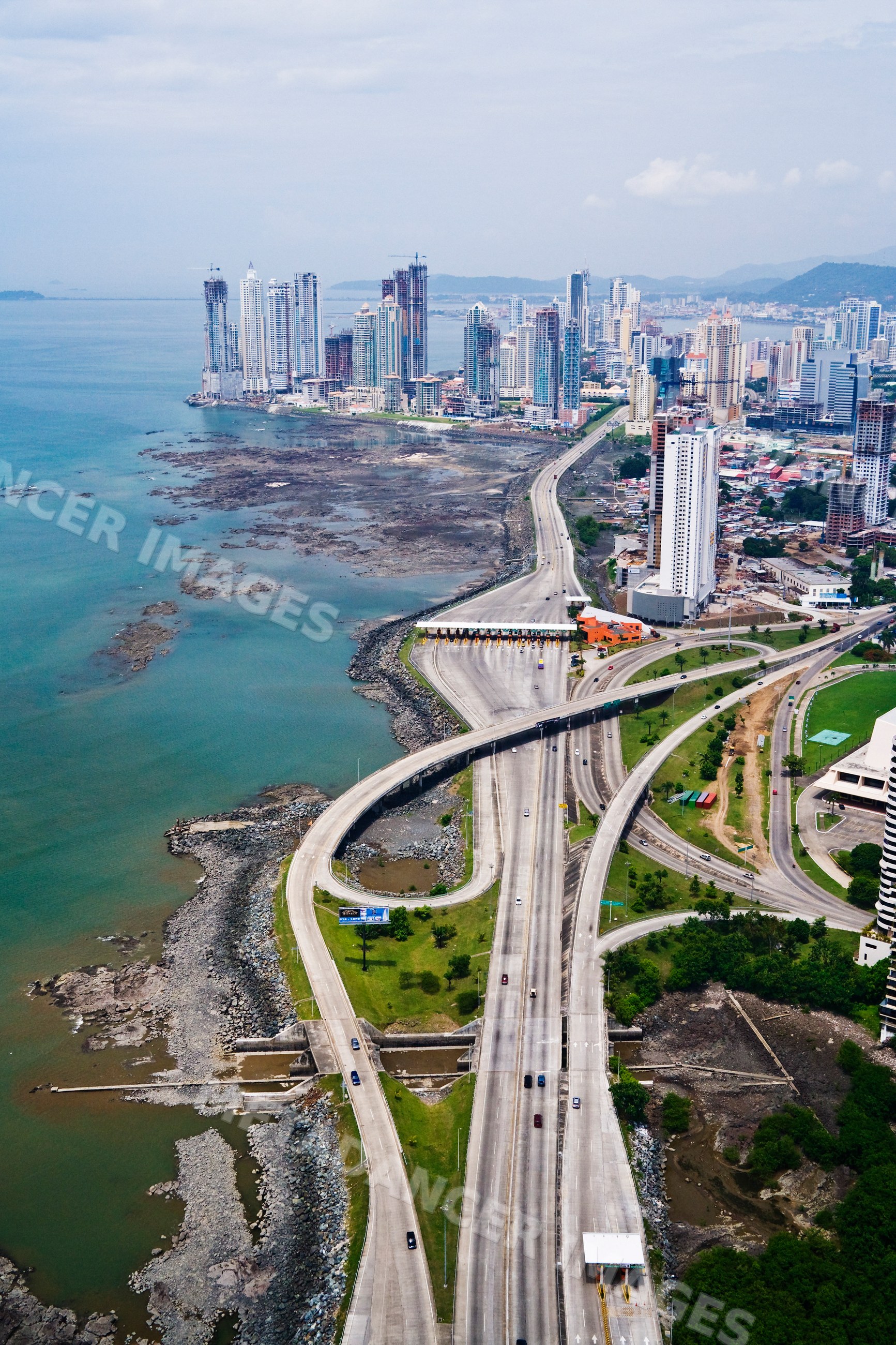 Aerial view of corredor sur highway and panama city skyline
