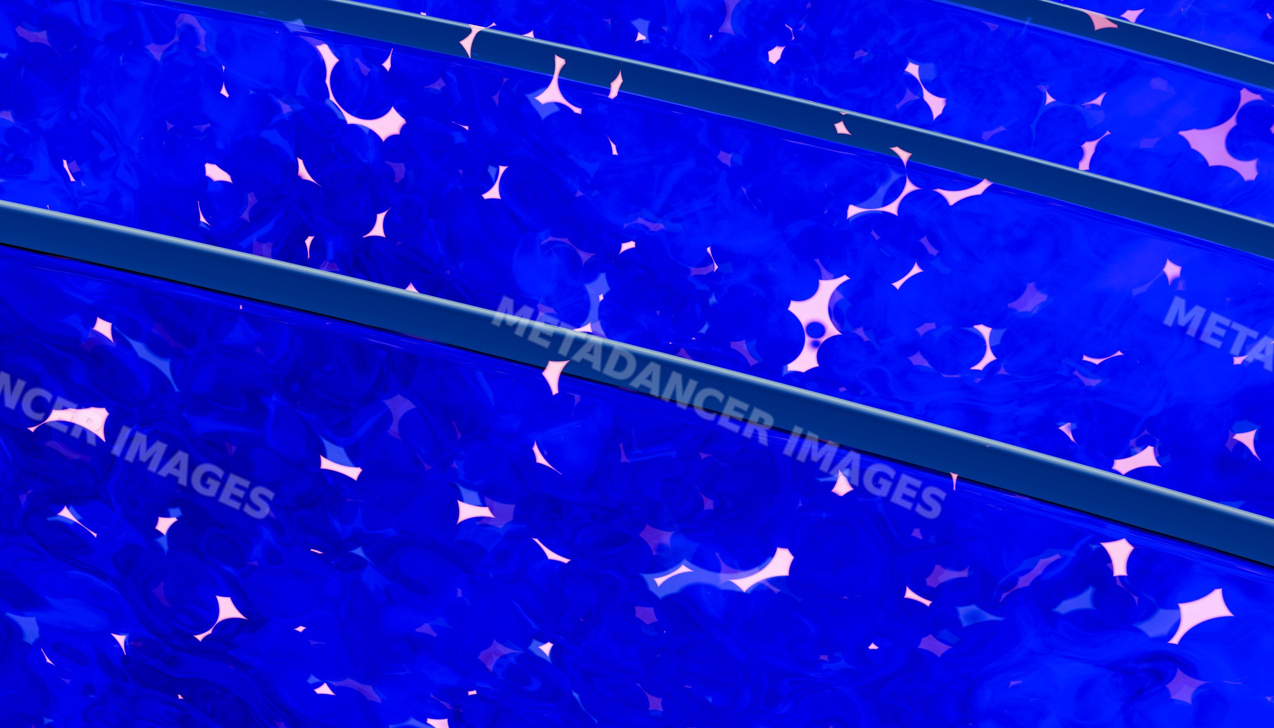 Blue translucent liquid bubbles in layered abstract fluid shapes