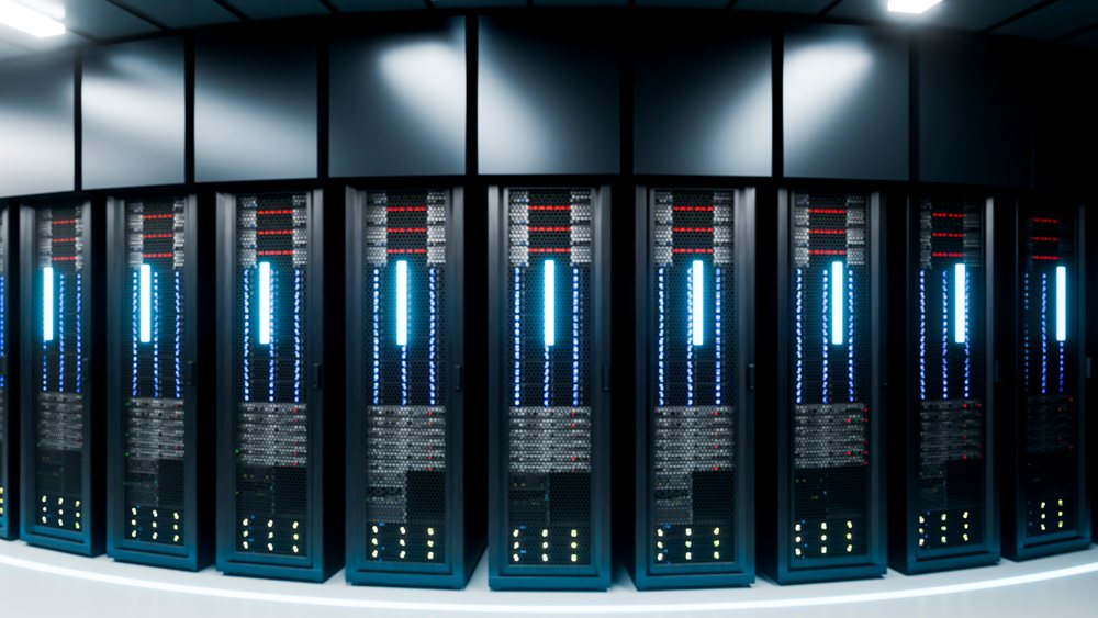 Row of server racks in modern data center room