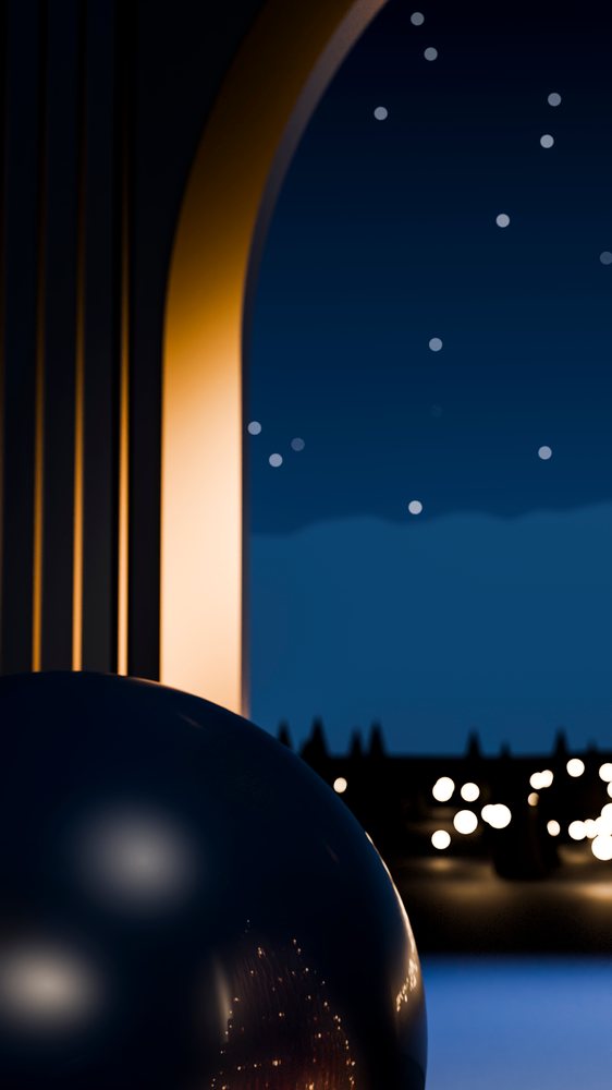 Dark reflective sphere beside illuminated archway at night