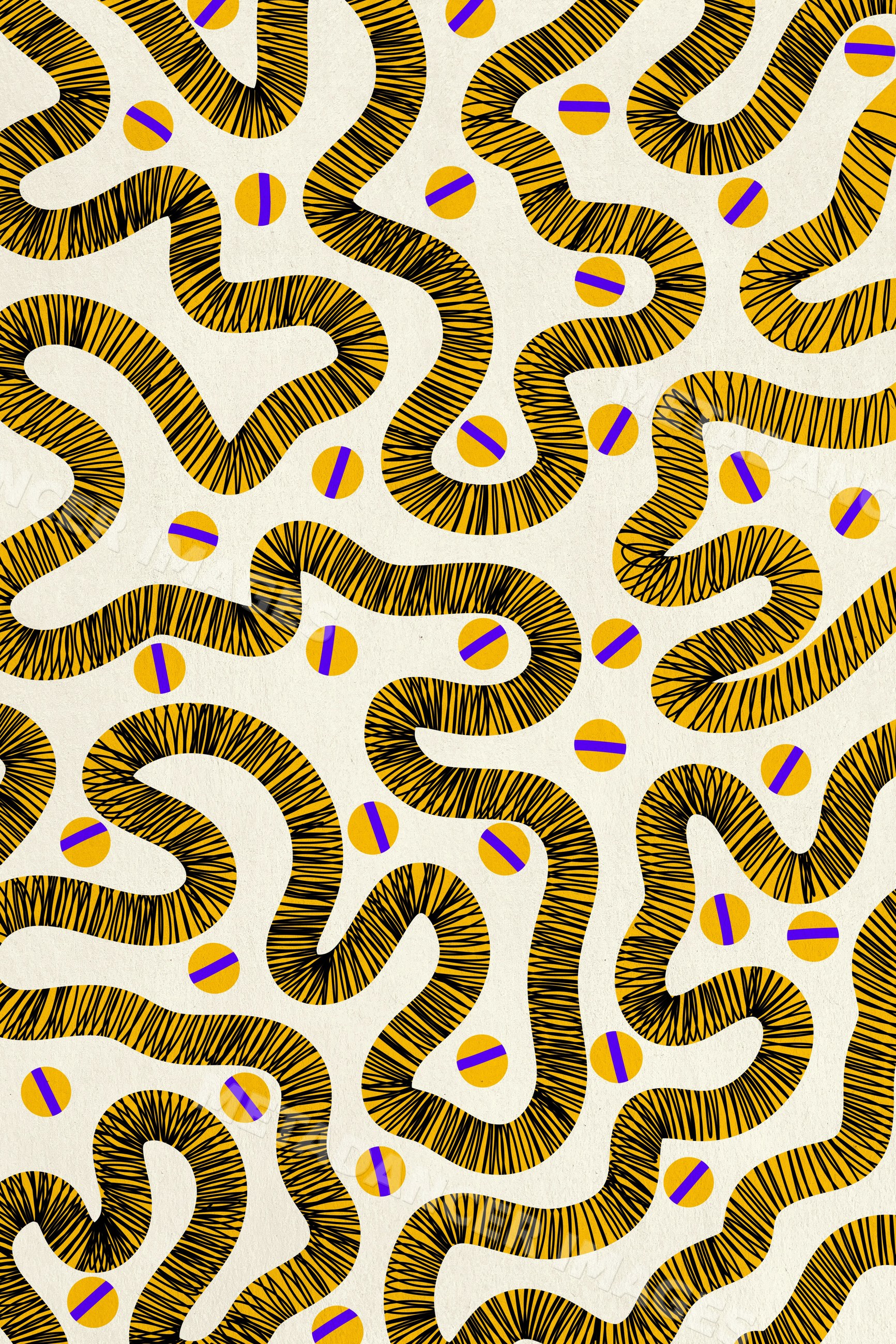 Abstract curved shapes and striped circles illustration