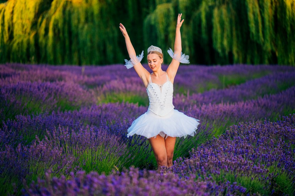 A ballet white dancer dances gracefully in a lavender field in wa USA