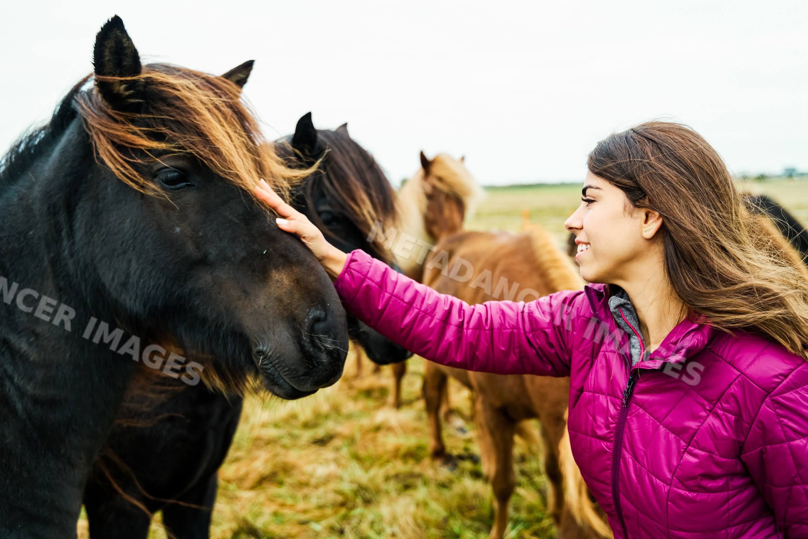 Young white woman happily pets black horse in outdoor pasture