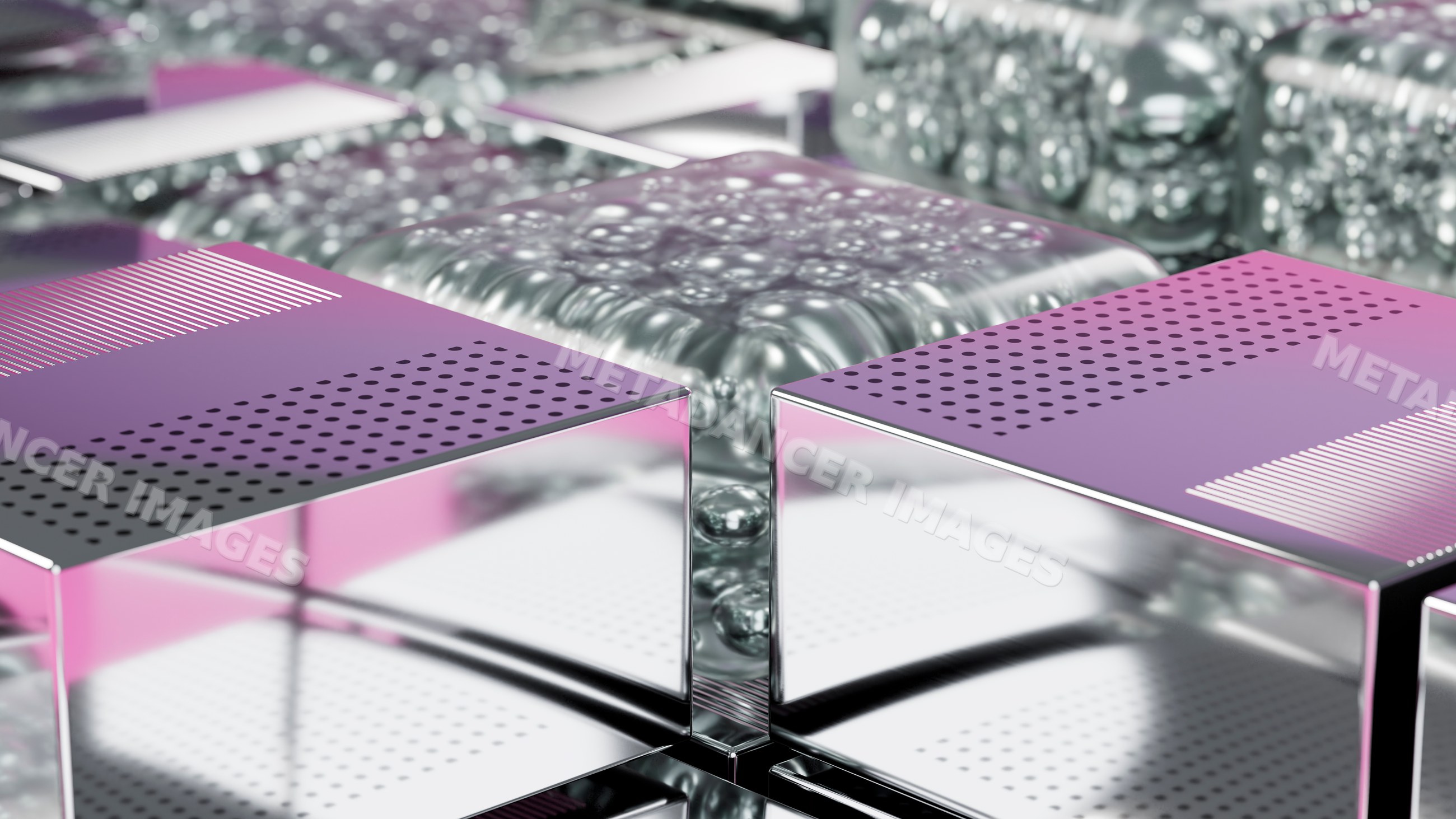 Metallic perforated cubes with liquid bubbles in abstract 3d design