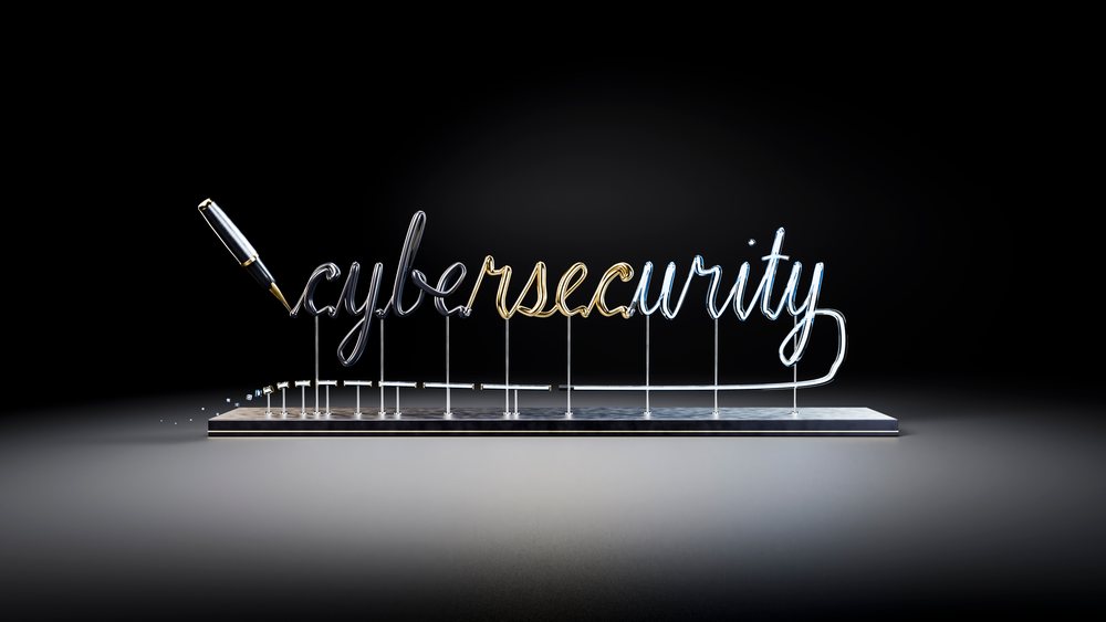 Wire sculpture spelling cybersecurity on metal stand with pen