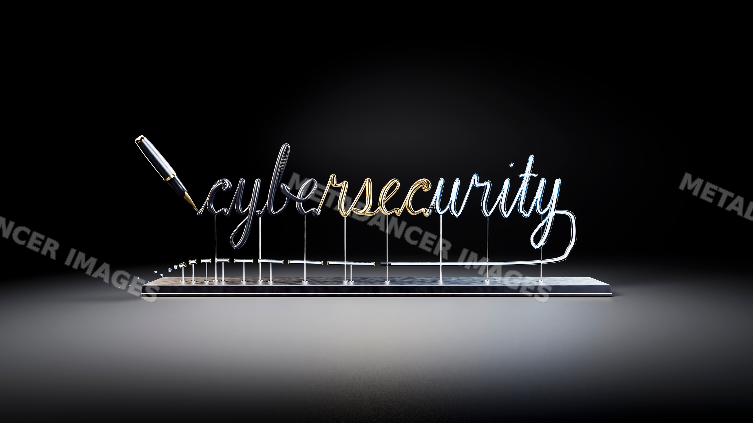 Wire sculpture spelling cybersecurity on metal stand with pen